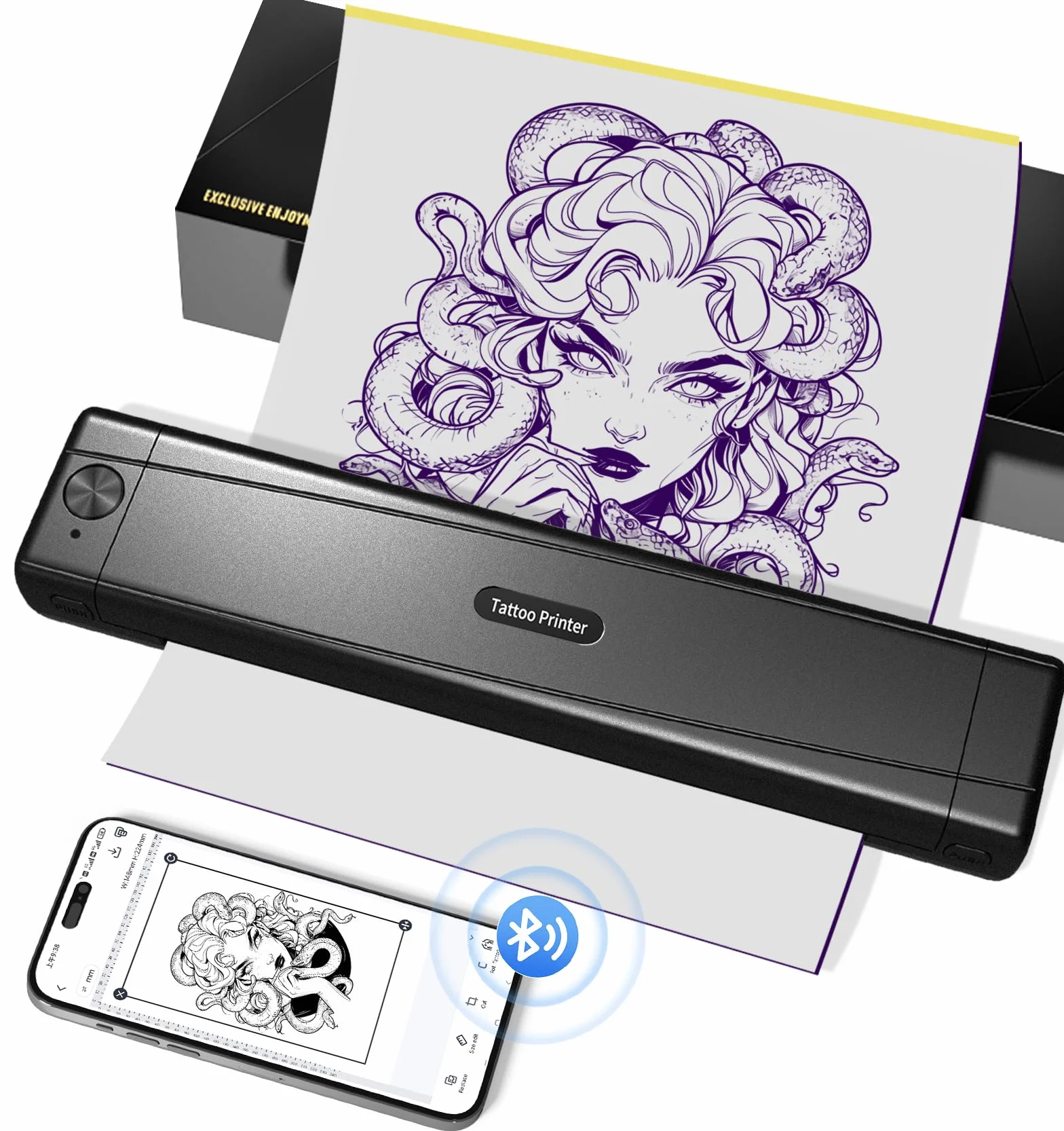 TATTMUSE Drukarka do tatuażu Bluetooth, drukarka szablonowa, 10 sztuk papieru, drukarka transferowa do tatuażu ze smartfonem, PC, drukarka termiczna dla artystów tatuażu i początkujących