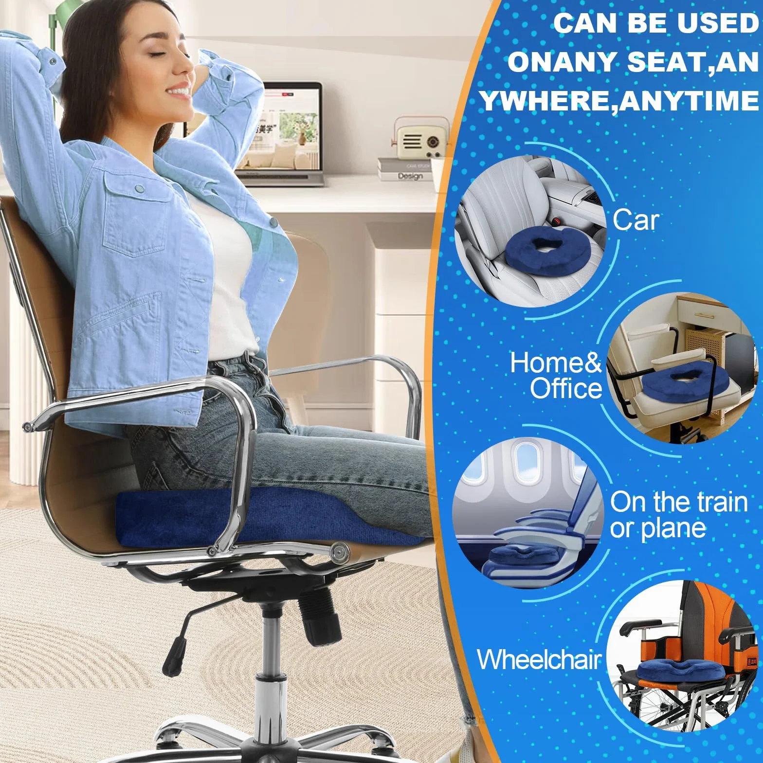 Poduszka do Siedzenia z Pianki Memory Foam Ergonomiczna Pączek Antypoślizg Poszewka Zdejmowana