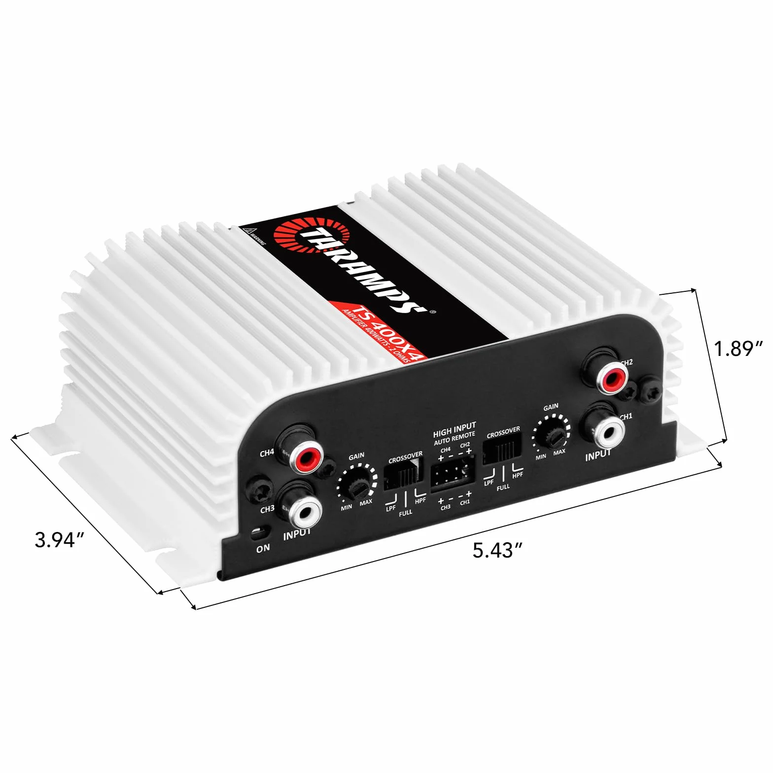 Taramps TS 400 x 4 z automatycznym wejściem wysokiego poziomu, 400 W, RMS, 4 kanały, pełny zakres, samochodowy wzmacniacz audio, klasa wejściowa RCA, 2 kanały, wielokanałowy system wzmacniacza