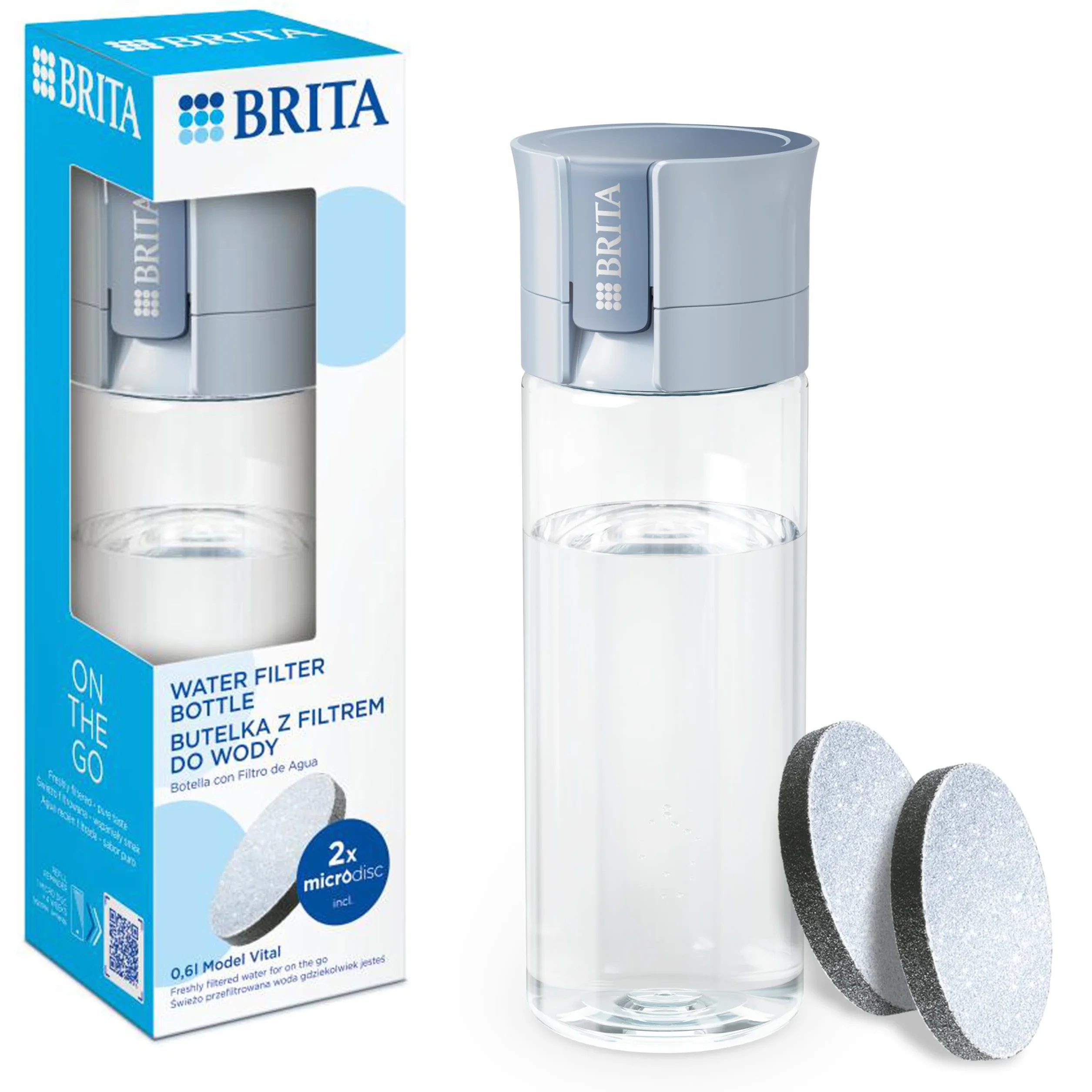 BRITA Butelka filtrująca Vital pastelowy błękit (0,6l) zawiera 2 filtry MicroDisc - filtruje chlor, zanieczyszczenia, hormony i pestycydy, zachowuje cenne minerały
