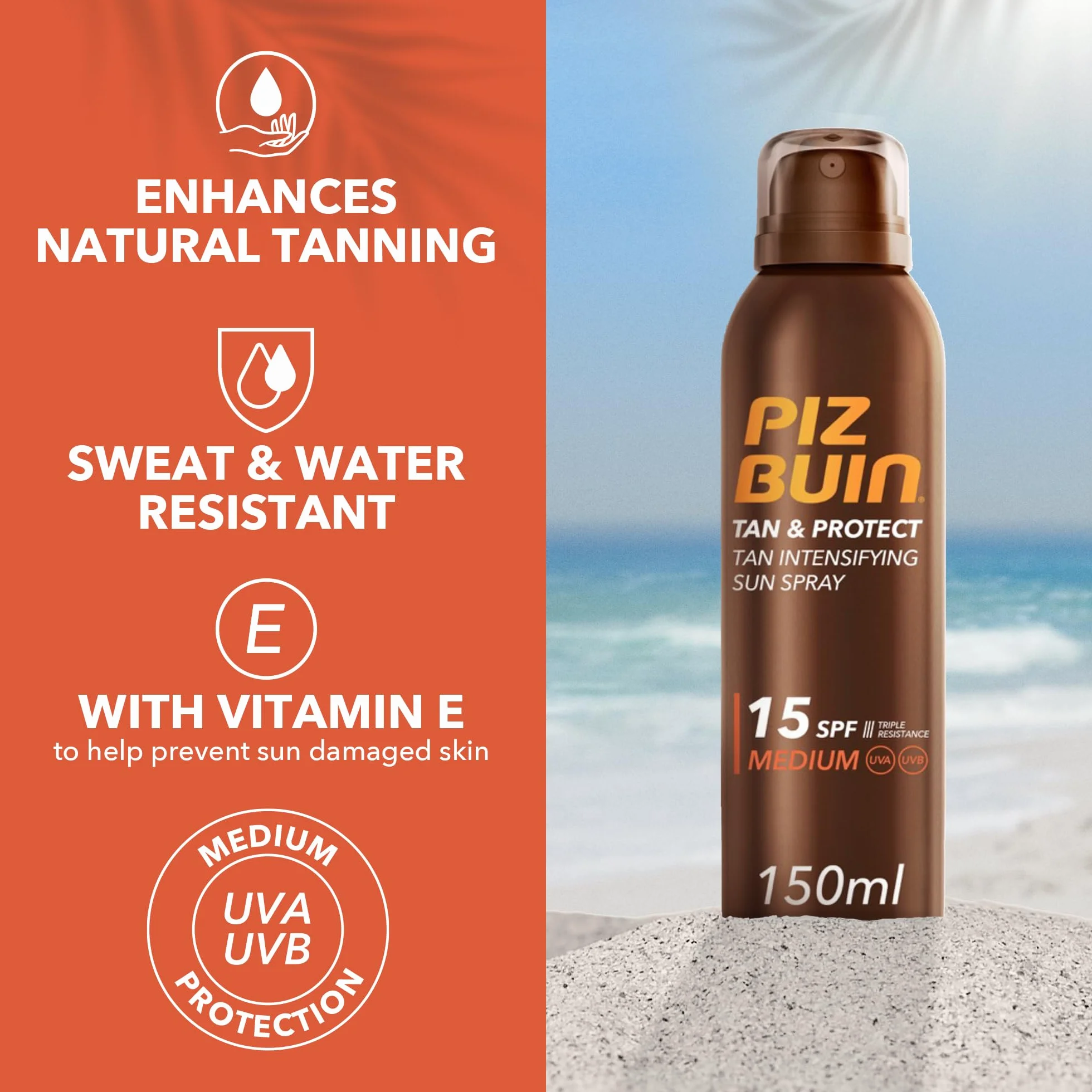 Piz Buin Tan & Protect Tan Intensifying Sun Spray SPF 15, szybko się wchłania, przyspieszający opaleniznę, spray przeciwsłoneczny z ochroną przeciwsłoneczną (1 x 150 ml)