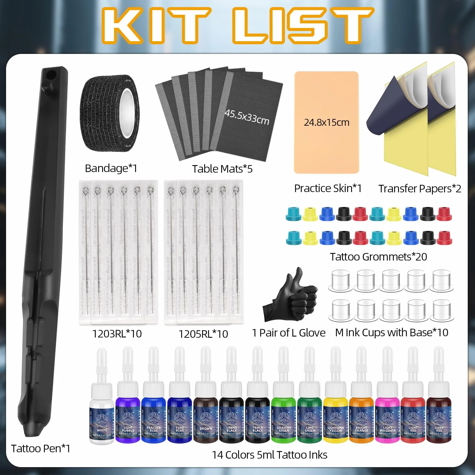 ATOMUS Zestaw do tatuażu Poke Pen Kit Home Tattoo Tool Kit z 14 kolorami tuszu, igieł, do ćwiczeń, skóry, maty stołowe, kubek atramentowy, papier transferowy