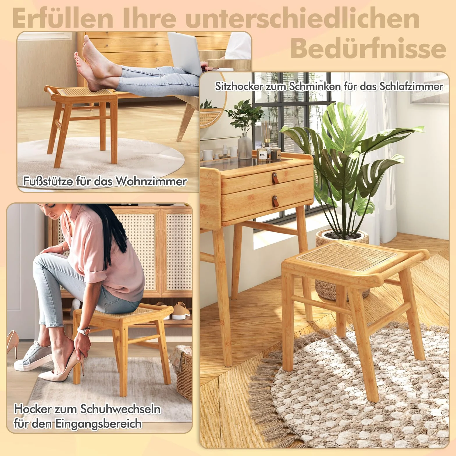 COSTWAY Taboret do siedzenia z bambusa, obciążenie do 120 kg, rattanowy, do garderoby
