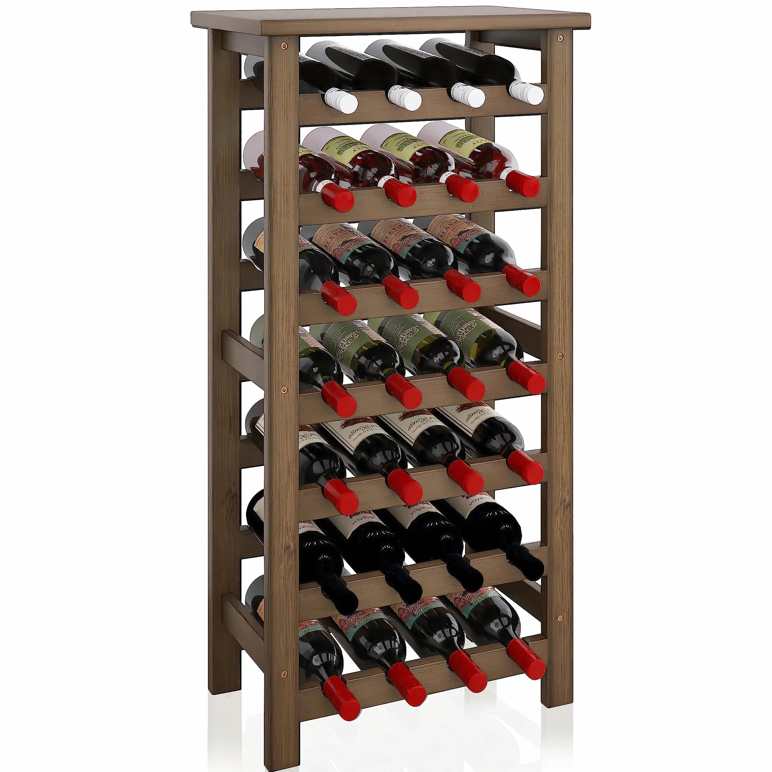 SMIBUY Bambusowy stojak na wino, stojak ekspozycyjny na 28 butelek z blatem, 7-poziomowe, wolnostojące półki do przechowywania, do kuchni, spiżarni, piwnicy, baru (orzech włoski)
