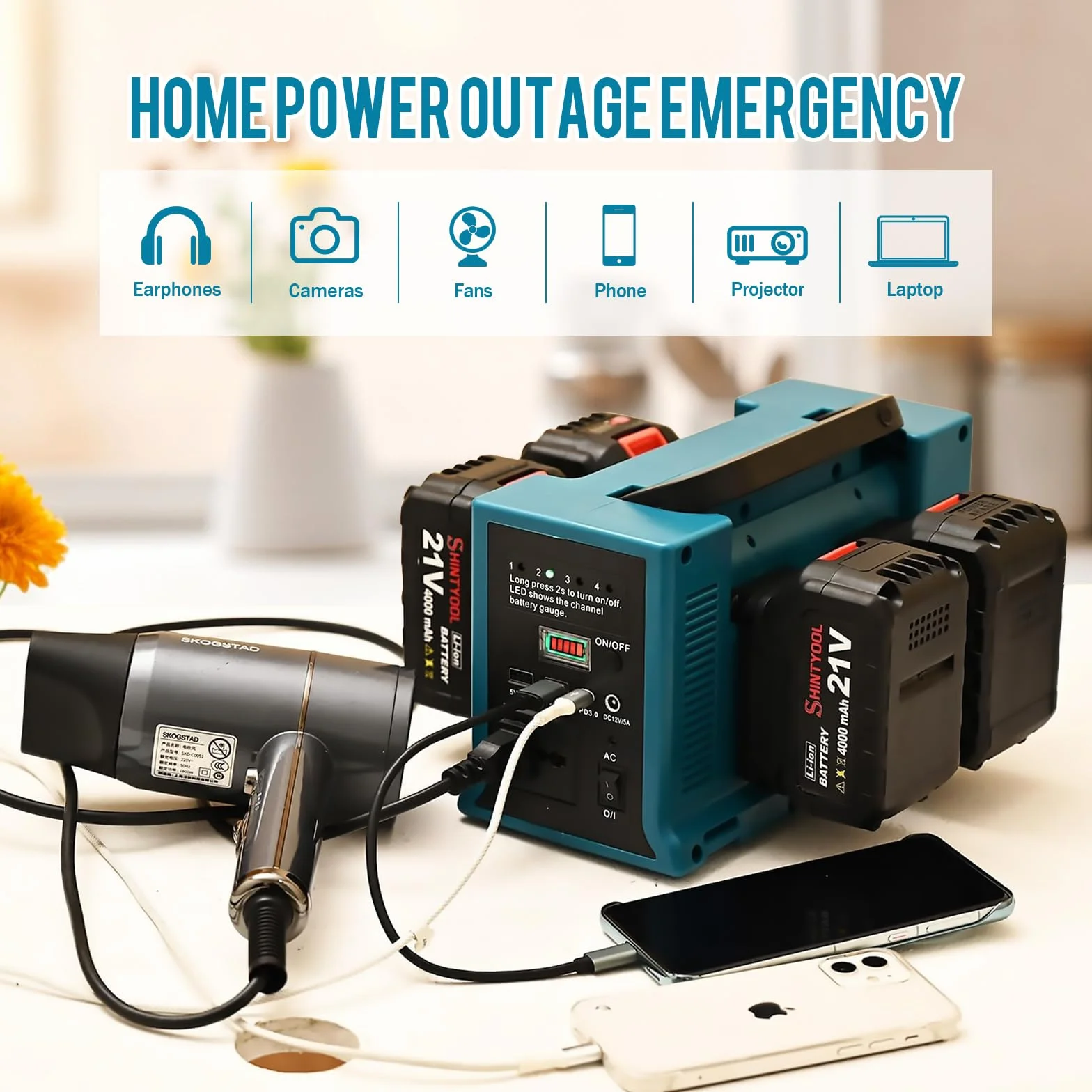 Falownik 4-portowy 350 W kompatybilny z Makita 18 V DC-AC 220-230 V USB 5 V/2,1 A