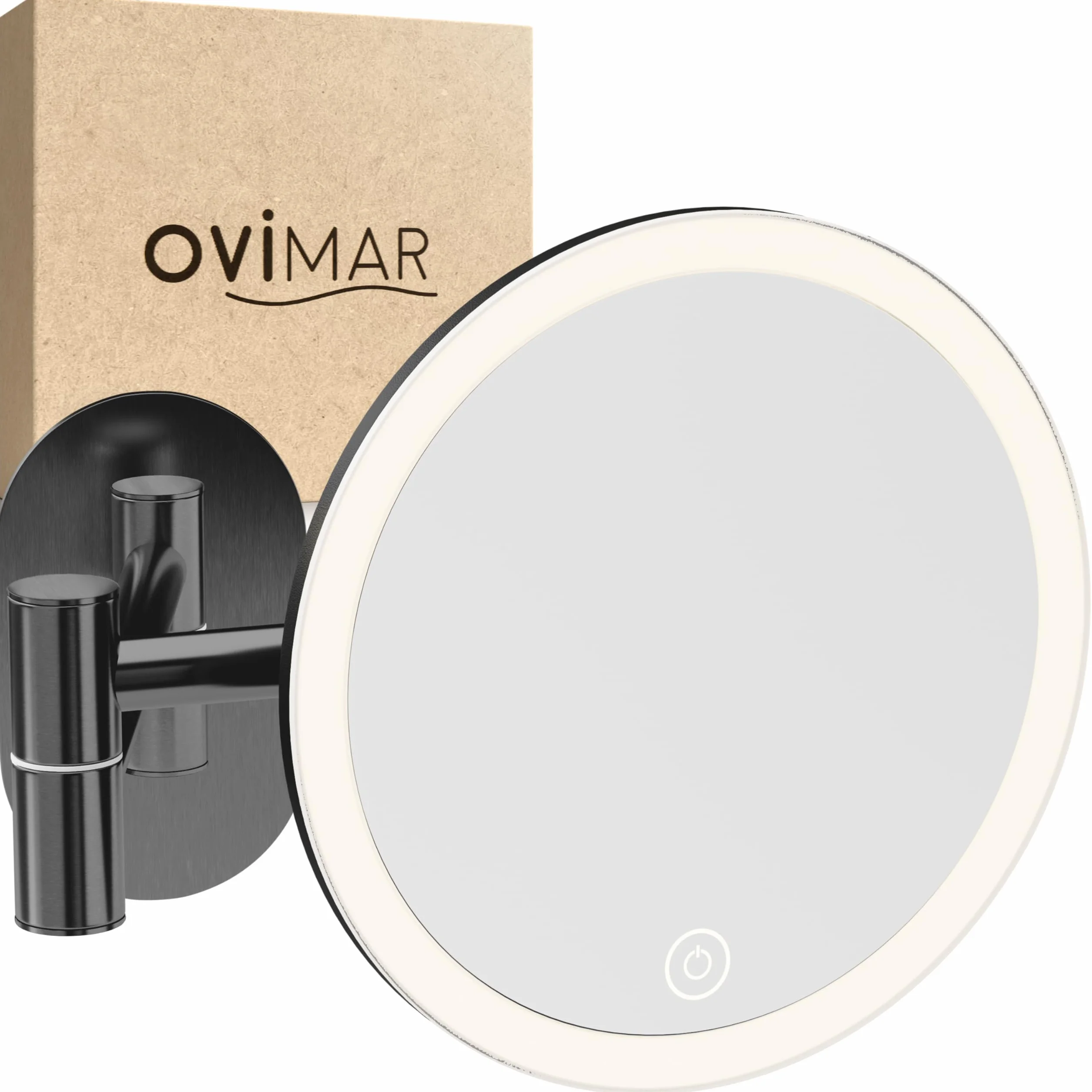 Ovimar Lusterko kosmetyczne Ringstind Gunmetal | z oświetleniem | ładowalne | montaż na ścianie bez wiercenia | do łazienki | 5-krotne lusterko powiększające | lusterko do makijażu ze światłem |