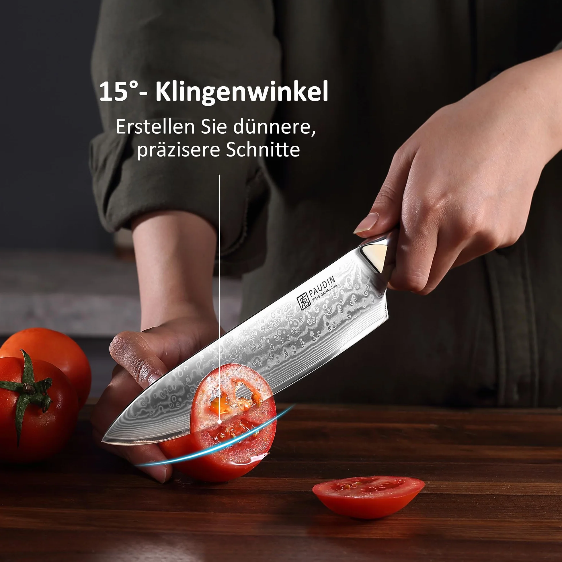 PAUDIN Nóż ze stali damasceńskiej, nóż szefa kuchni, z ergonomicznym uchwytem G10, 20 cm
