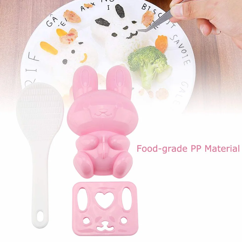 Lebensmittelqualität PP Cartoon Kaninchen Modell 3 Stücke Sushi Reisform DIY Handwerk Onigiri Werkzeug Pink