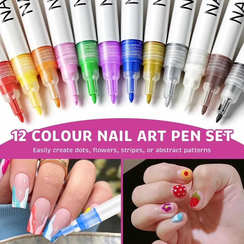 Zestaw 12 kolorowych lakierów do paznokci w pisaku, markery 3D Gel Nail Art, pisaki do lakieru do paznokci do projektowania paznokci DIY sztuka paznokci, Nail Art Pen, końcówki do paznokci