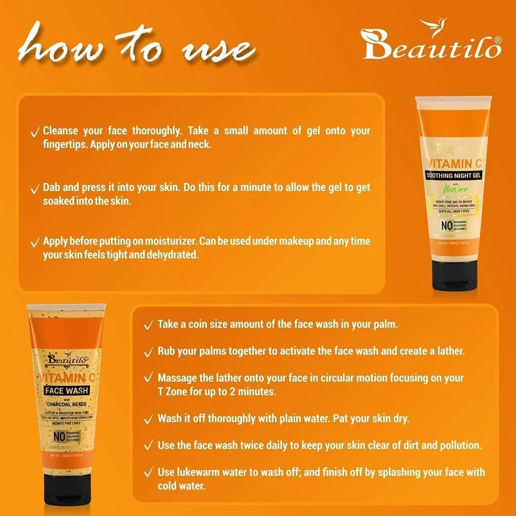 Beautilo Daily Fresh & Moisturizing Pack (witamina C do mycia twarzy z koralikami węglowymi i witaminą C, kojący żel na noc), 200 g (2 sztuki)