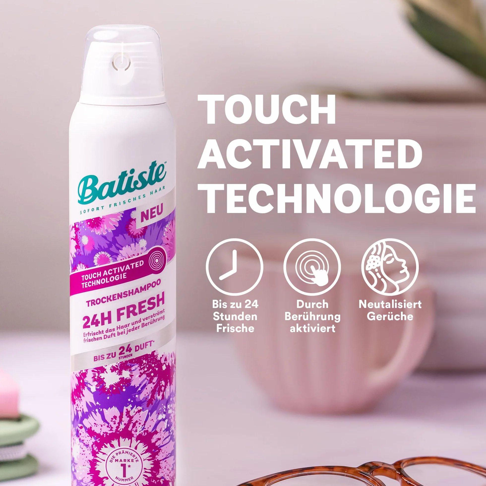 Batiste Batiste Hair Care suchy szampon 24H Fresh 200 ml, bez spłukiwania, spray do pielęgnacji włosów o orzeźwiającym zapachu, technologia Touch Activated, wegański i niewidoczny