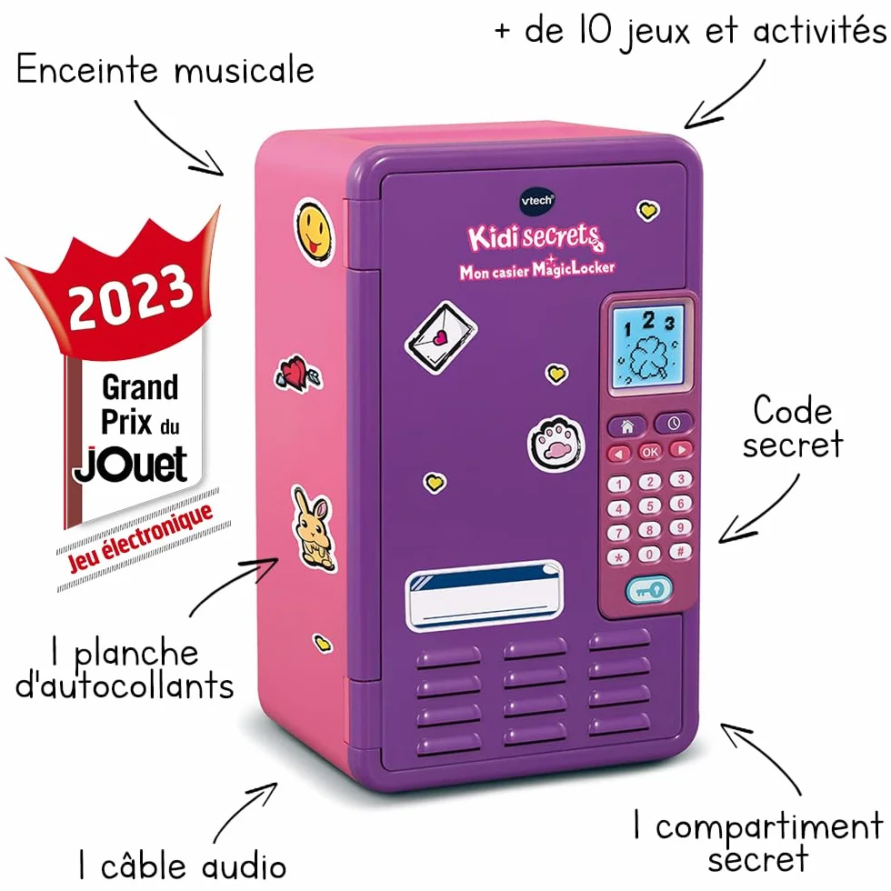 VTech - KidiSecrets, moja fioletowo-różowa szafka MagicLocker, tajny sejf z kodem, w ciąży, gry, budzik, niestandardowe pudełko skarbów, prezent dla dzieci w wieku 6-12 lat - Zawartość w języku