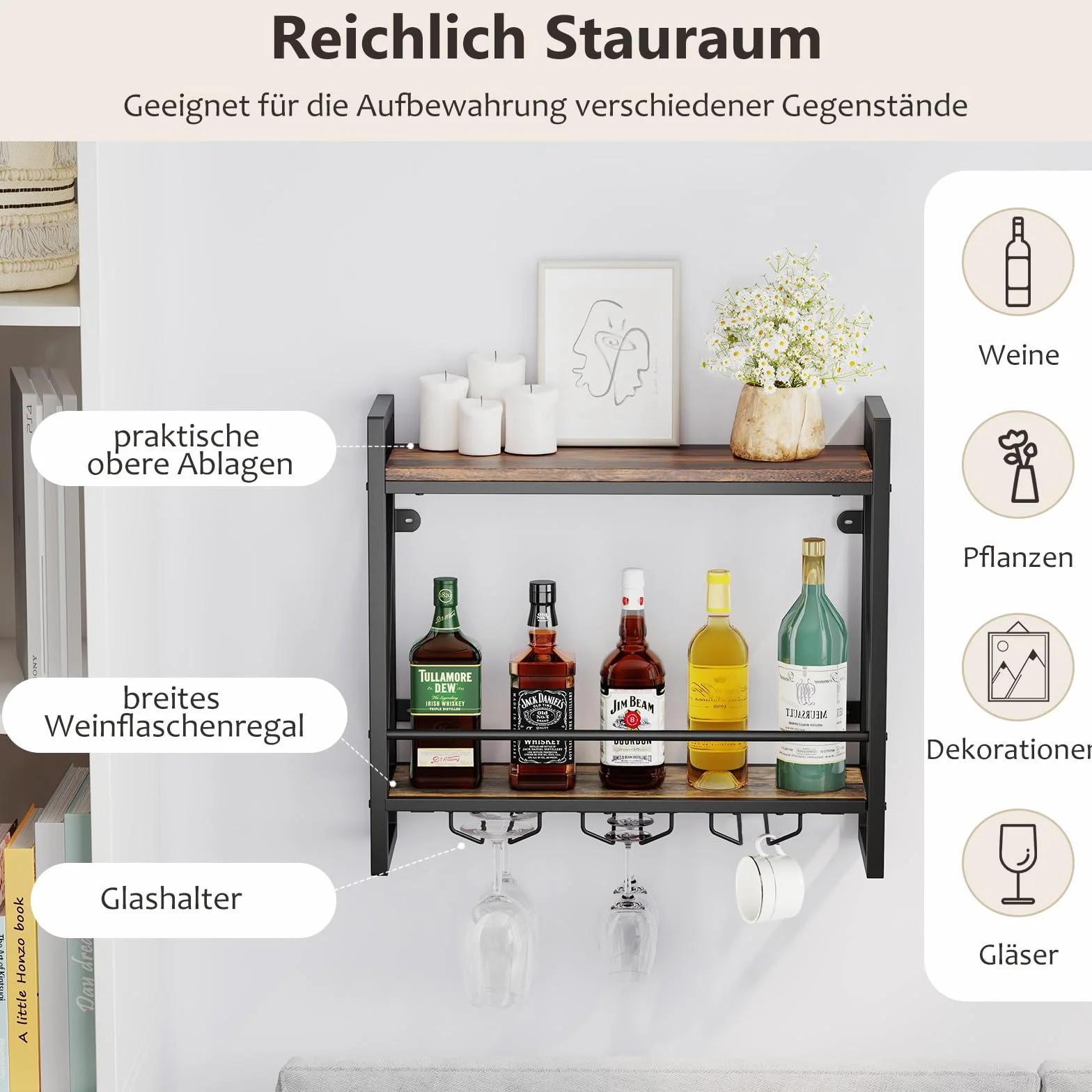 COSTWAY Regał ścienny na wino 2 poziomy metalowa ramka 60 x 20 x 55 cm