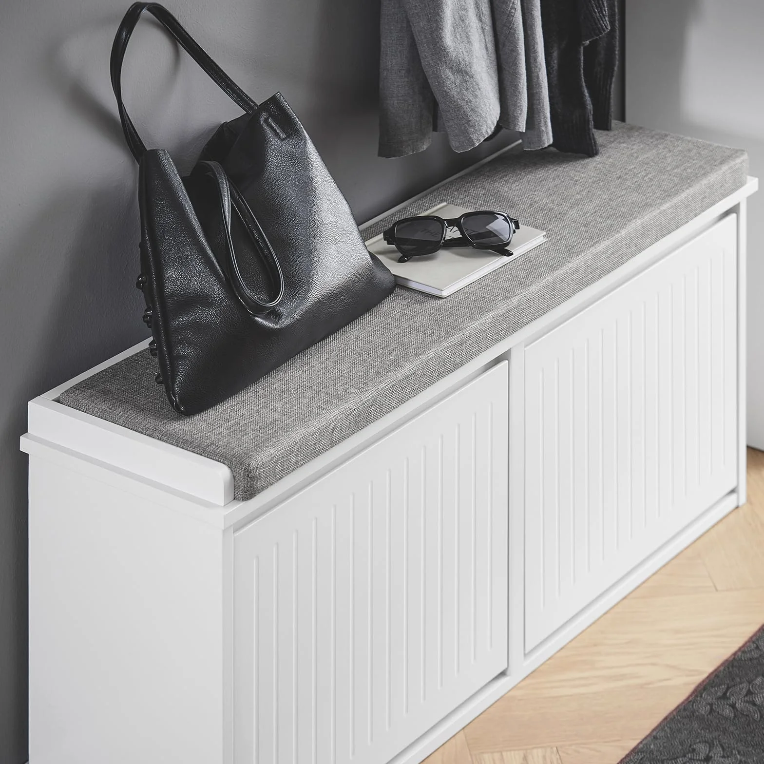 SoBuy FSR98-XL-W Szafka na buty ławka z poduszką do siedzenia komoda z 2 klapami z szufladami,100 x 26 x 46 cm