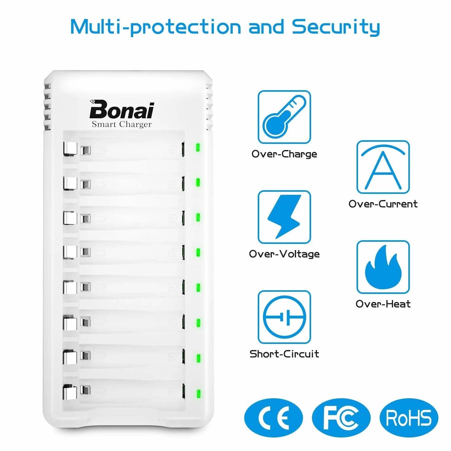 BONAI Akumulatory AA z zestawem ładowarek, 8 szt., niezależne gniazdo, szybkie ładowanie USB, wejście DC 5 V 2 A, wyjście 1,4 V 250 mA - 1000 mA