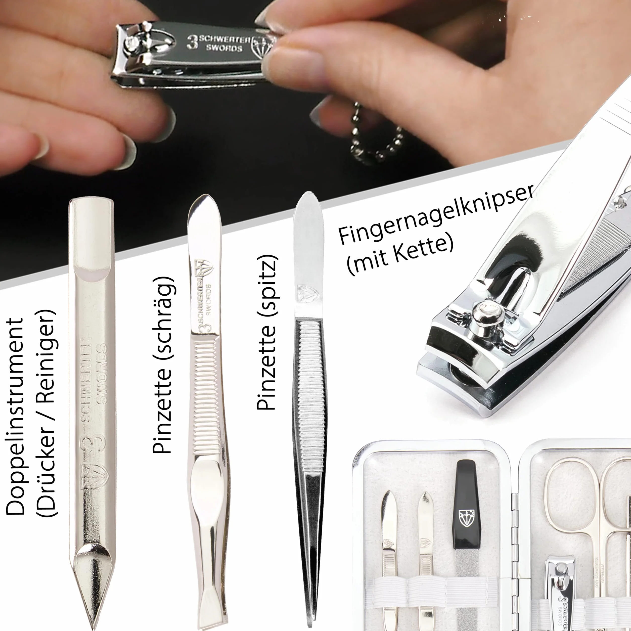 DREI SCHWERTER - 6-częściowy zestaw do manicure "Lucca" | zestaw do paznokci w etui z PRAWDZIWEJ SKÓRY | zawartość: nożyczki do skórki, 2 pęsety, podwójny instrument, obcinacz do paznokci, szafirowy