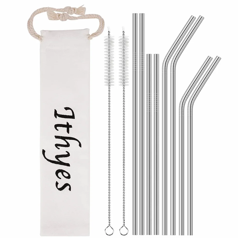 Słomki ze stali nierdzewnej, długie metalowe szczotka do czyszczenia, nadaje się do prania i soków, zestaw 10 sztuk, 265 mm/215 mm (srebrne)