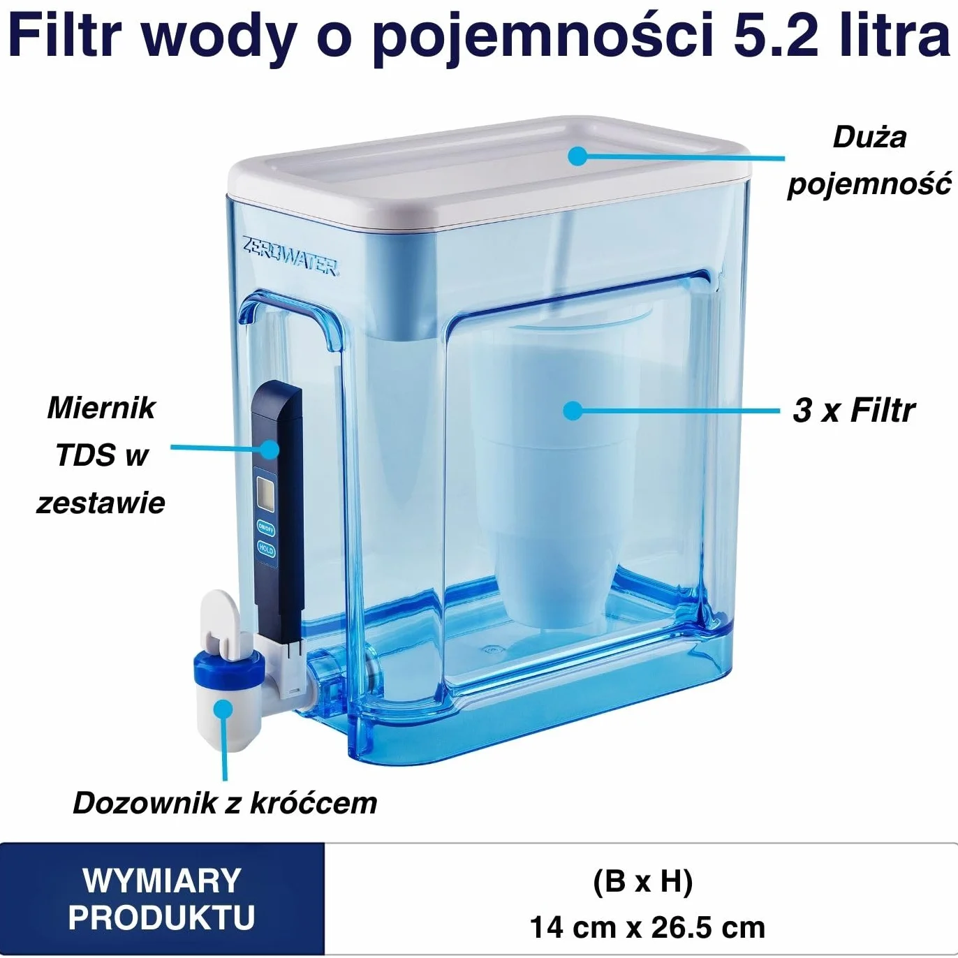 ZeroWater 5,2 l Cup Ready-Read dozownik filtra wody Combo z 3 x zaawansowanym 5-stopniowym filtrem, certyfikat IAPMO do redukcji ołowiu i PFOA/PFOS, natychmiastowy odczyt TDS
