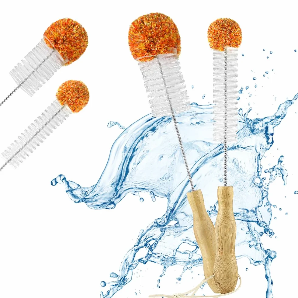 ecooe Szczotka do butelek 35 cm + 33 cm, miękki pluszowy pompon, do SodaStream i wazonów