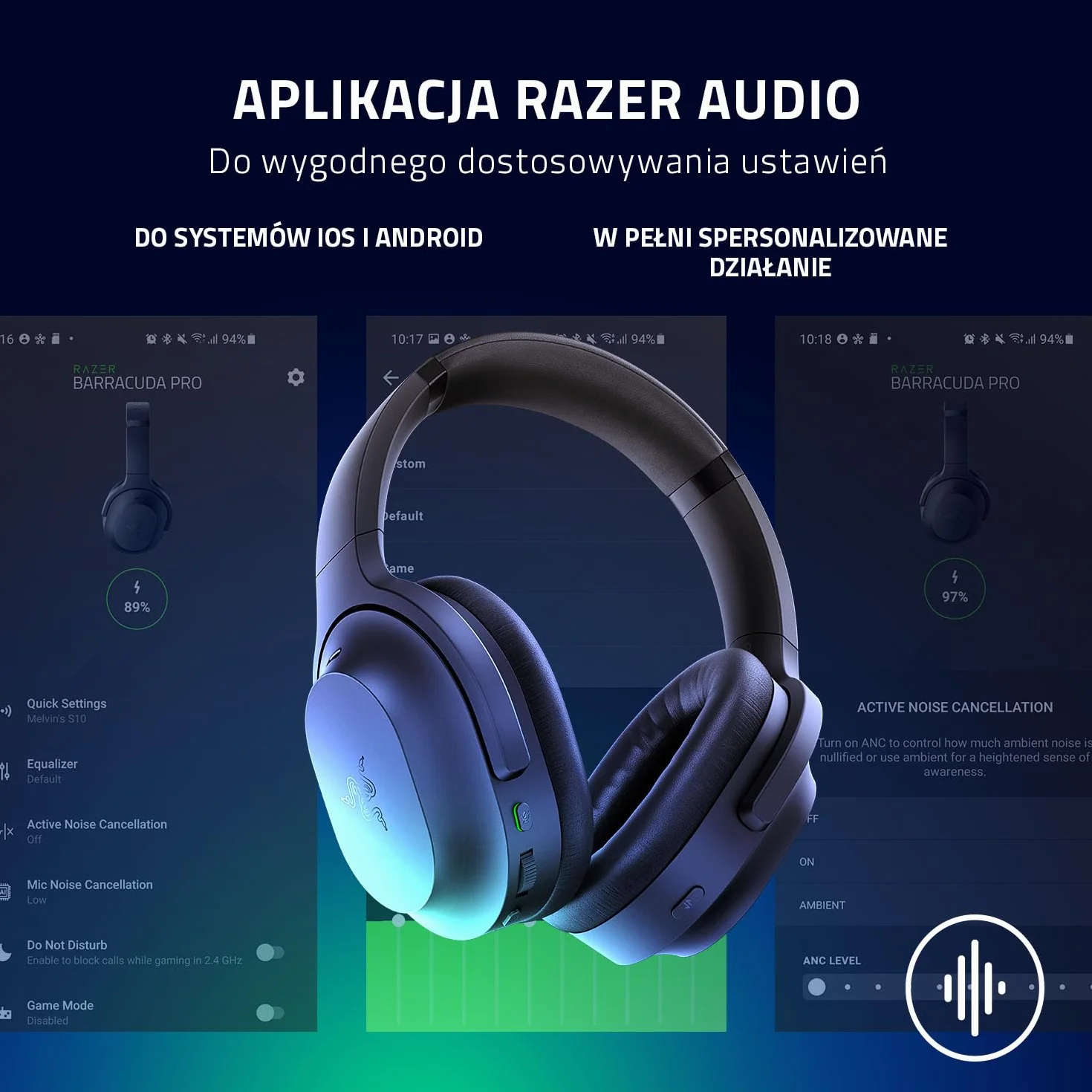 Razer Barracuda Pro - Bezprzewodowy zestaw słuchawkowy do gier (Hybrid ANC, wzmacniacz dźwięku THX, SmartSwitch Wireless, przetworniki TriForce 50mm, zintegrowane mikrofony) Czarny