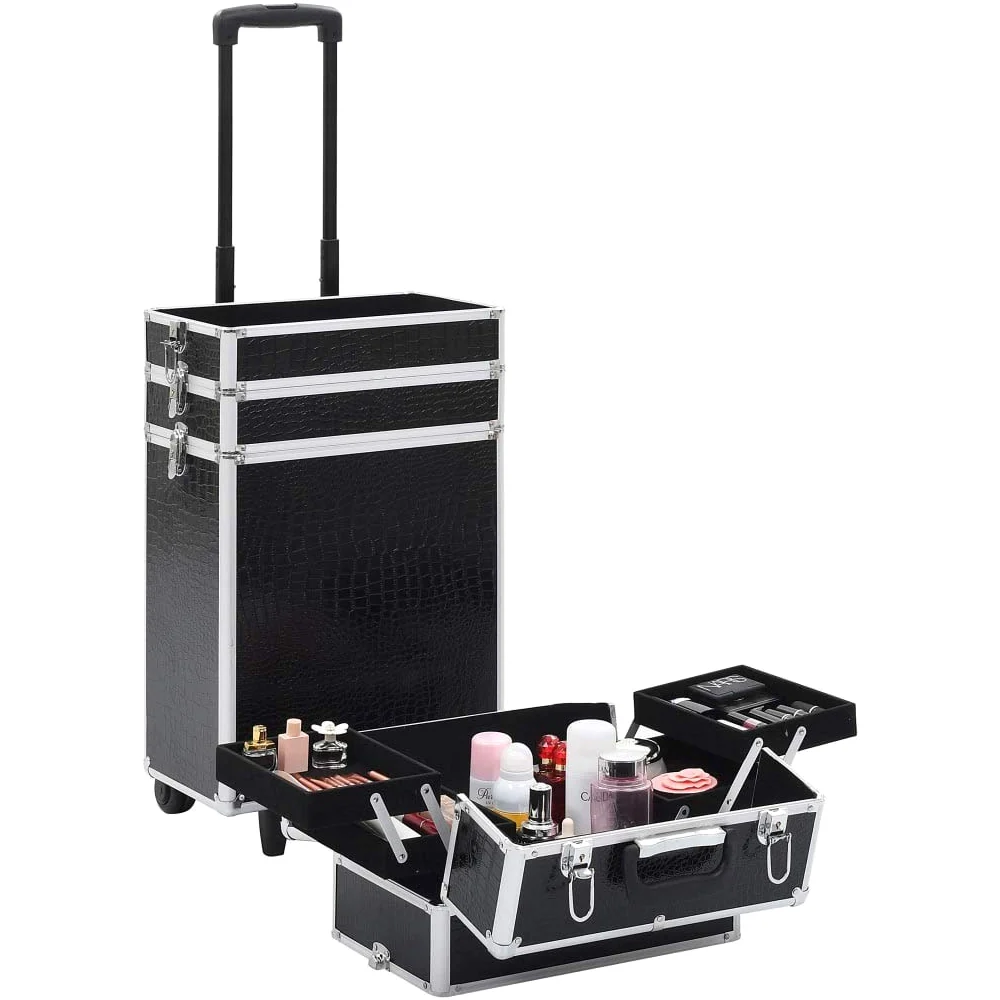 Walizka na kosmetyki aluminiowa, czarna, z tłoczeniem krokodyla, 4 półki, wysuwane półki, 4 zdejmowane kółka, 37 x 22 x 78 cm, organizer na podróż, do hotelu, na kemping i do łazienki