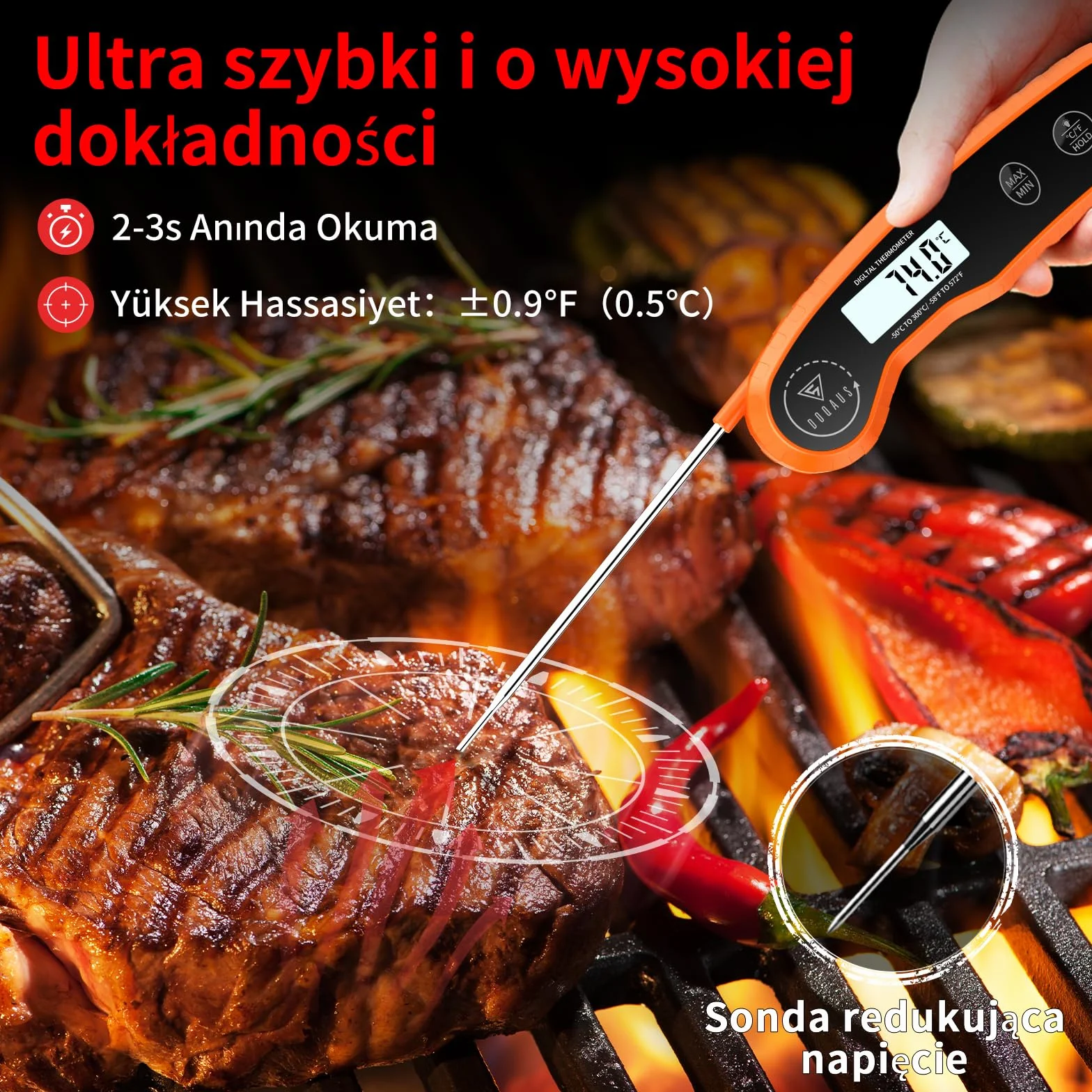 DOQAUS Termometr do grillowania, Cyfrowy Termometr, Natychmiastowy Odczyt w 3 Sekundy, Dokładność ±0,5℃, Podświetlany Ekran Lcd, Do Kuchni, Żywności Dla Niemowląt, Grilla, Oleju (Pomarańczowy)