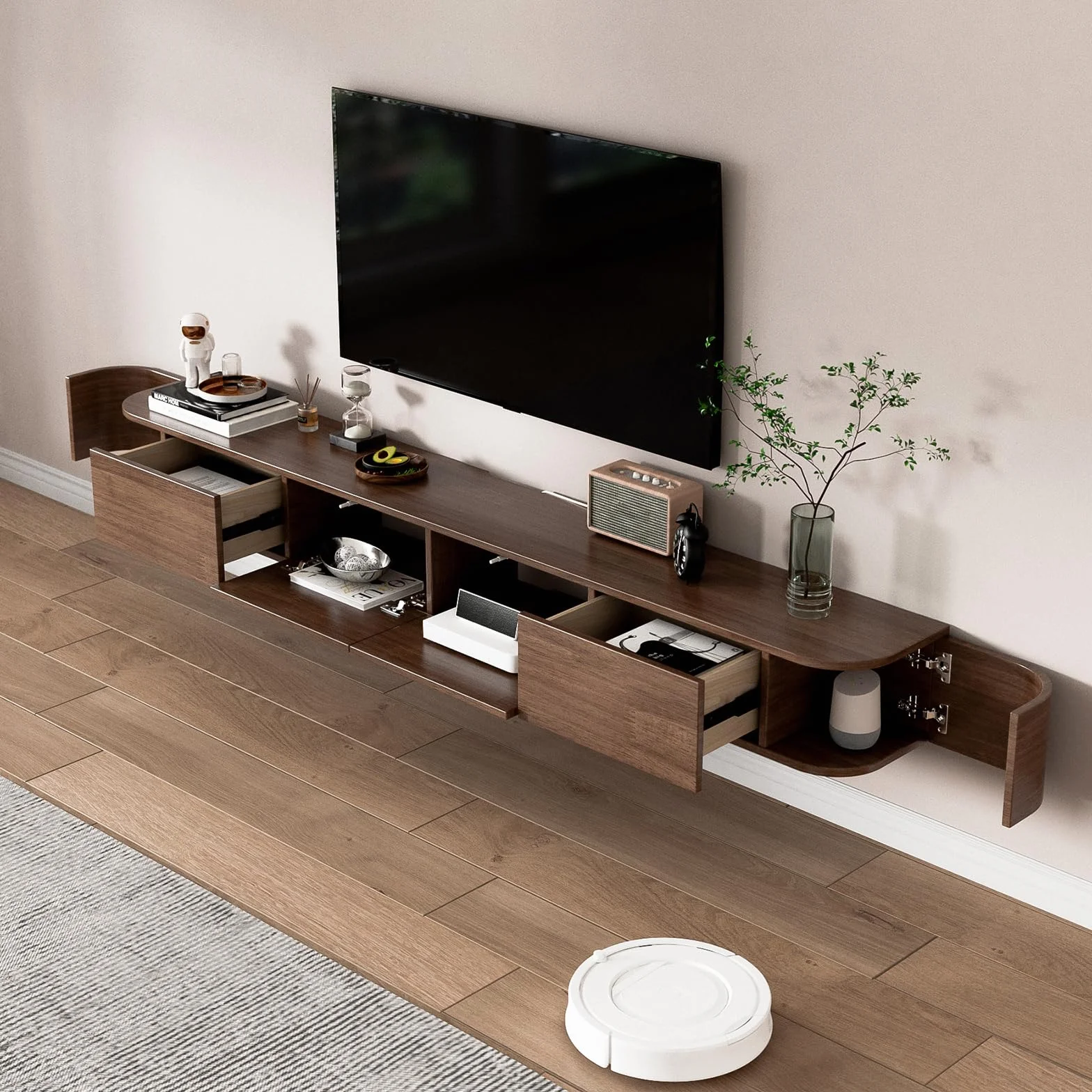 Pływająca szafka pod telewizor z otwieranymi drzwiami, brązowy + LED, 200 cm