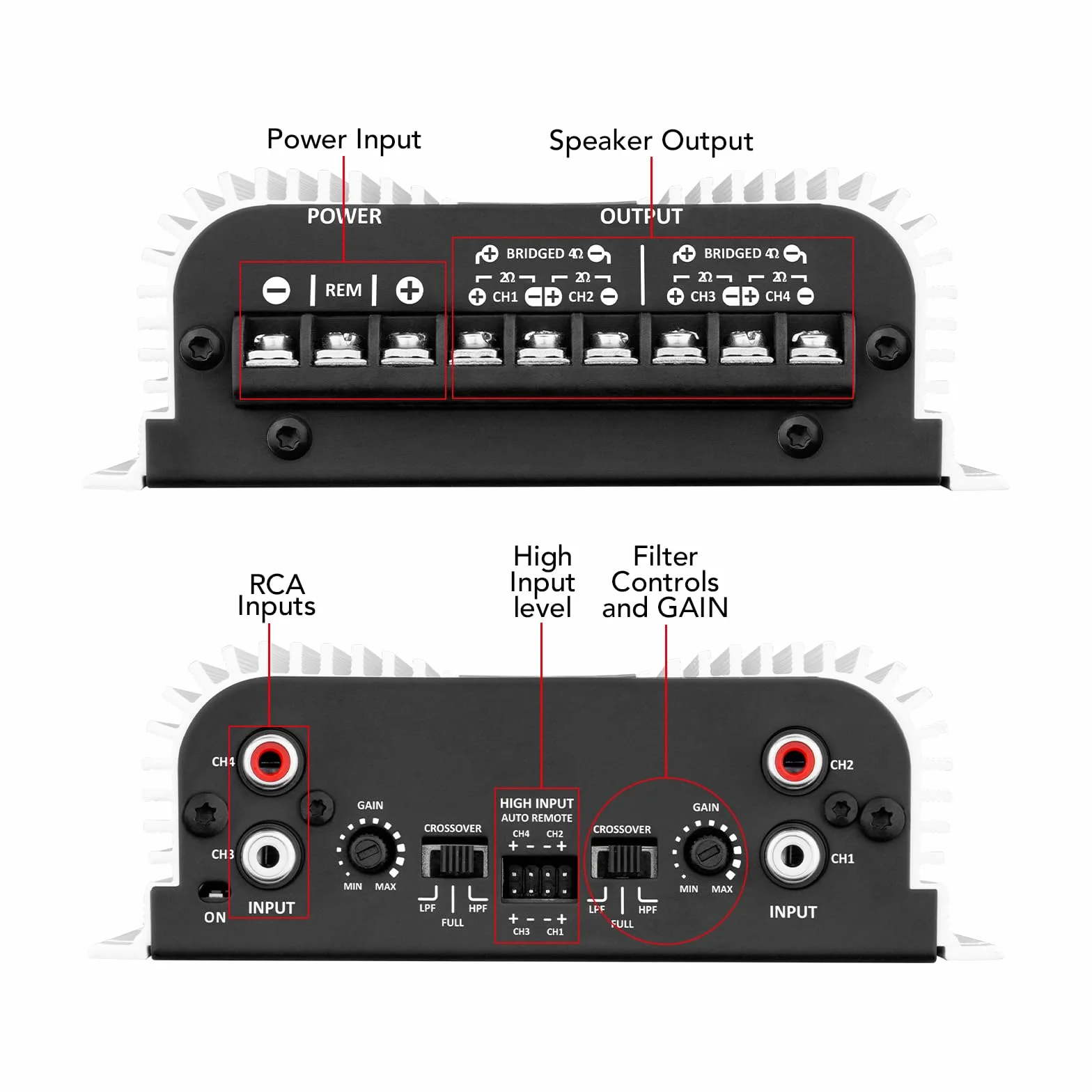 Taramps TS 400 x 4 z automatycznym wejściem wysokiego poziomu, 400 W, RMS, 4 kanały, pełny zakres, samochodowy wzmacniacz audio, klasa wejściowa RCA, 2 kanały, wielokanałowy system wzmacniacza