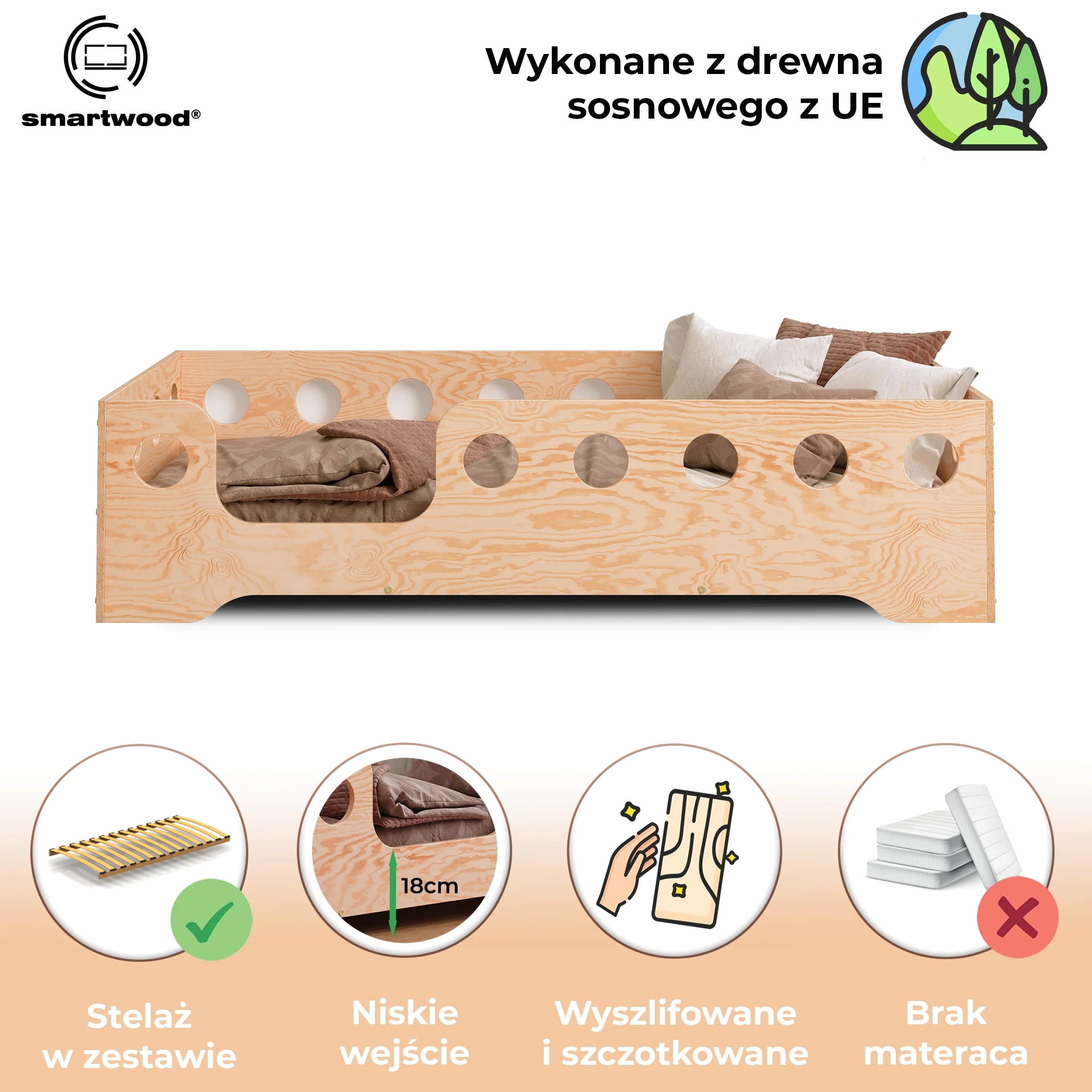 Smartwood Łóżko Dziecięce 200x90 Drewniane TILA 4L Naturalne Montessori ze Stelażem 230 kg