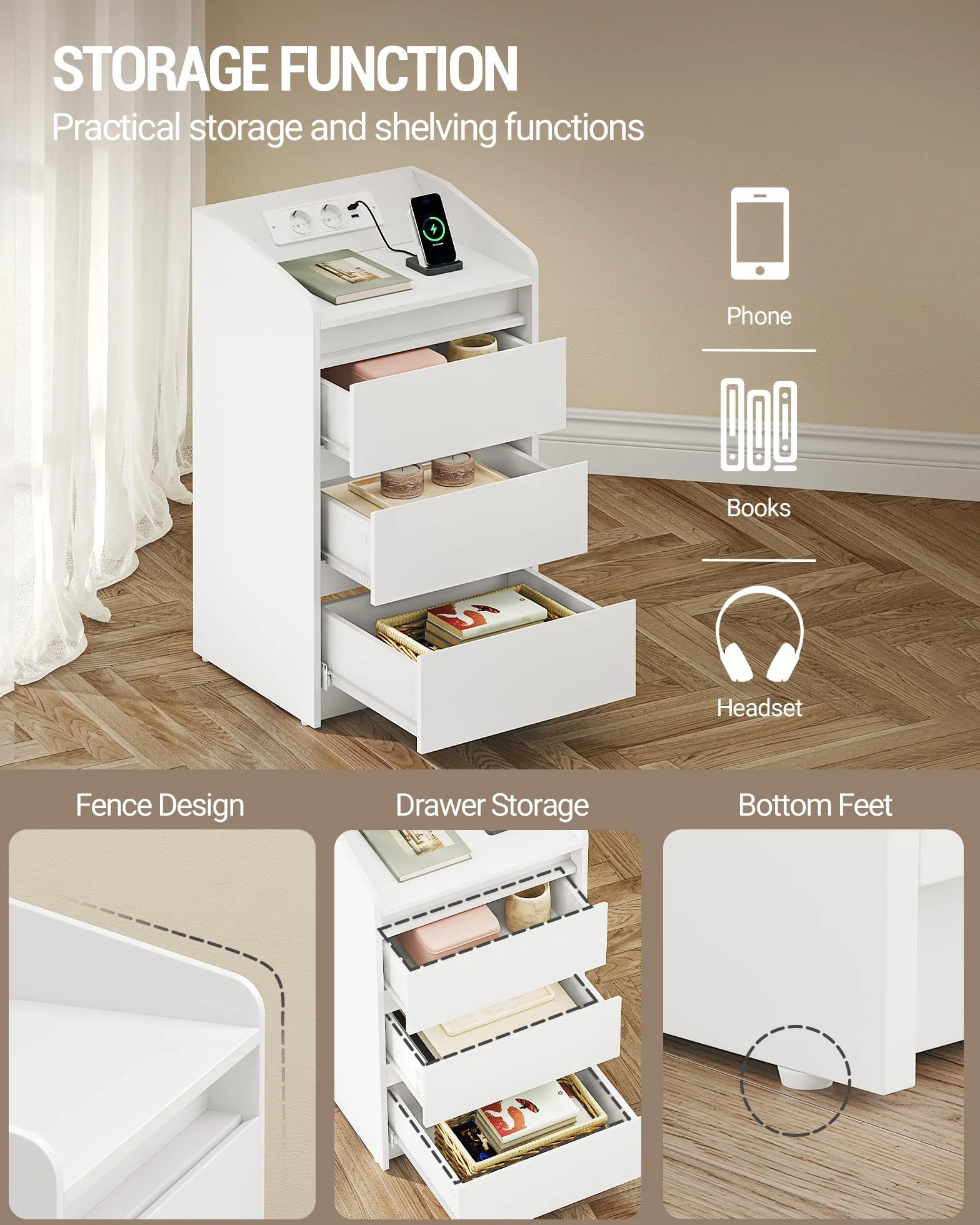 Hzuaneri Stolik nocny z 3 szufladami ze stacją ładującą LED, 2 porty AC i 2 USB, Biały, 2 szt