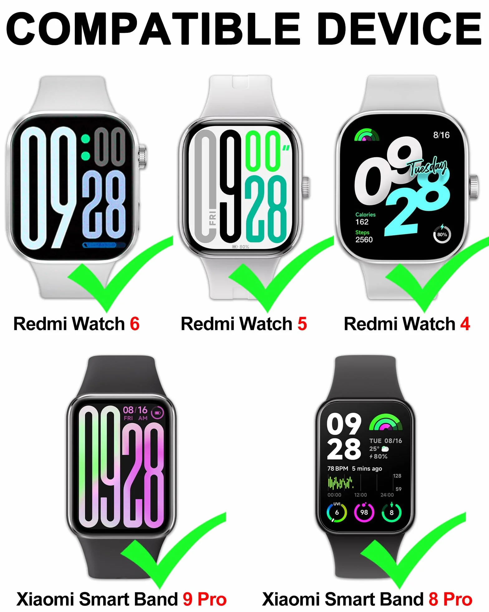 5 sztuki Paski Zamienne do Redmi Watch 5 & 4 i Xiaomi Smart Band 9 Pro & 8 Pro, Miękkie Paski TPU, Oddychające, Regulowane, Szybkozłączki