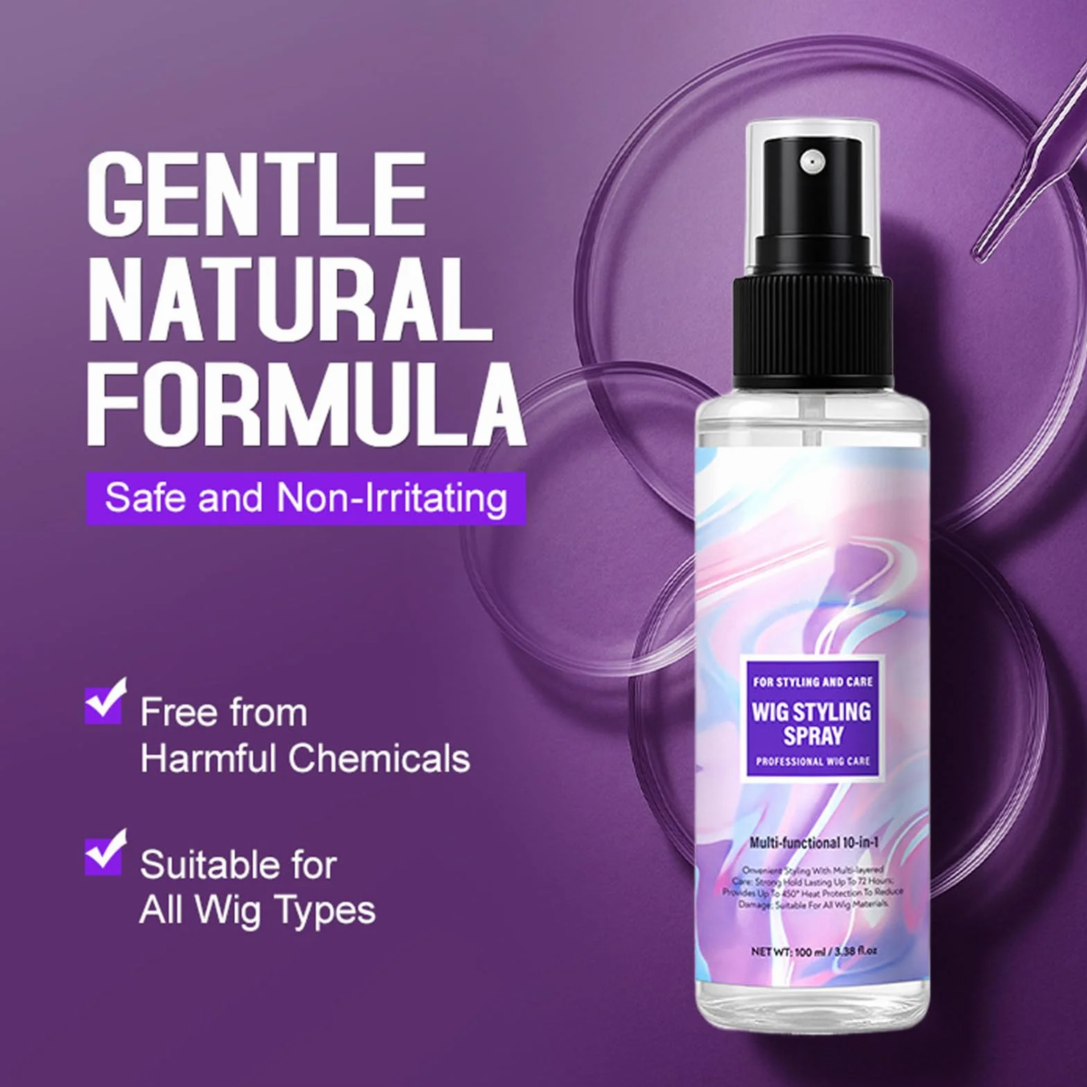 Hair Spray, Wig Spray, 100ml, Shine Without Grease, Gentle on Fibers, Nourishing Hydrating Care for Extensions, Accessories, Women, Men, Travel, Salon, Daily Use, Home, Styling