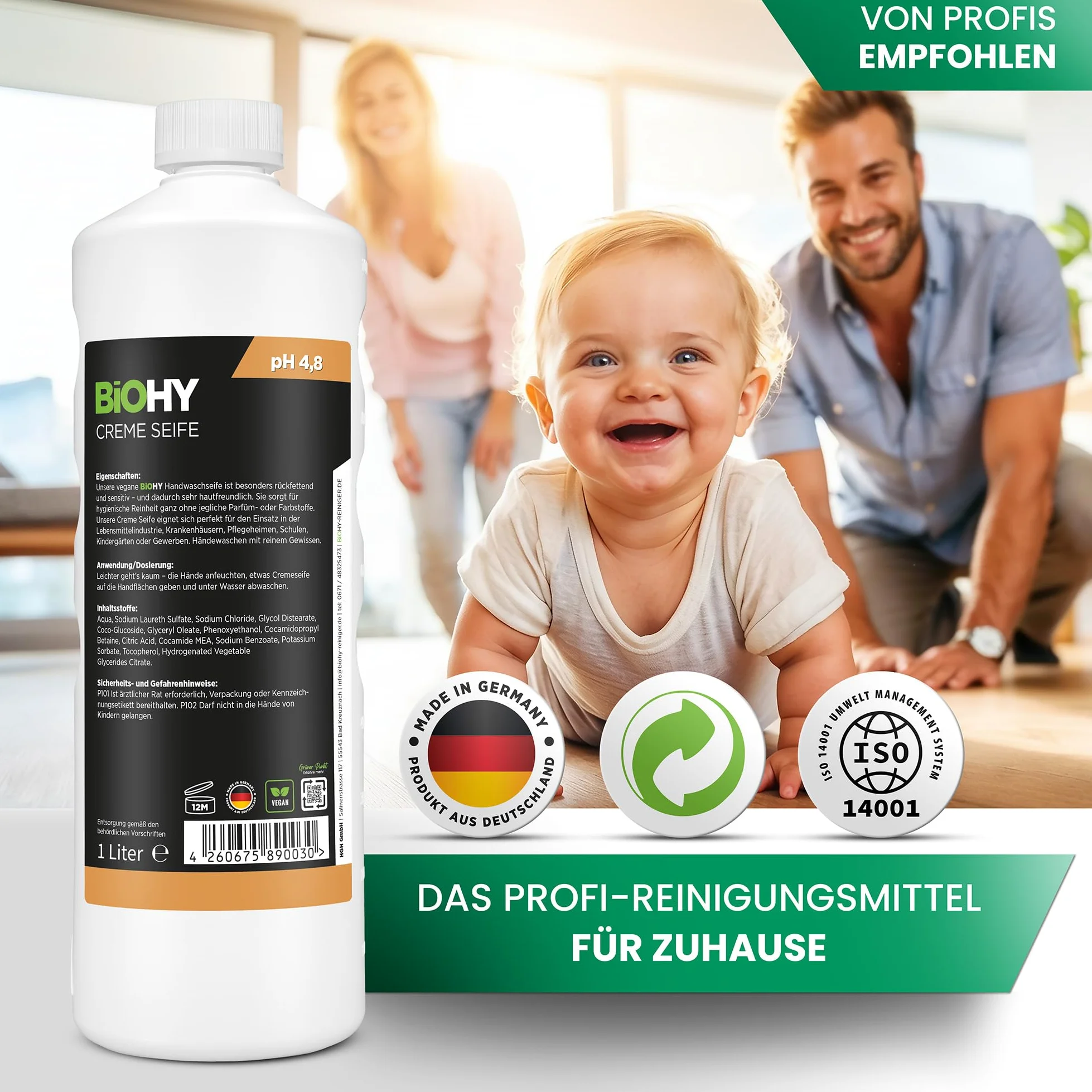 BiOHY Mydło kremowe (10l kanister) + kranik spustowy | Przyjazny dla skóry, odtłuszczający i bezzapachowy wkład do mydła | BEZ FOSFORANÓW | Bez perfum i barwników (Creme Seife)
