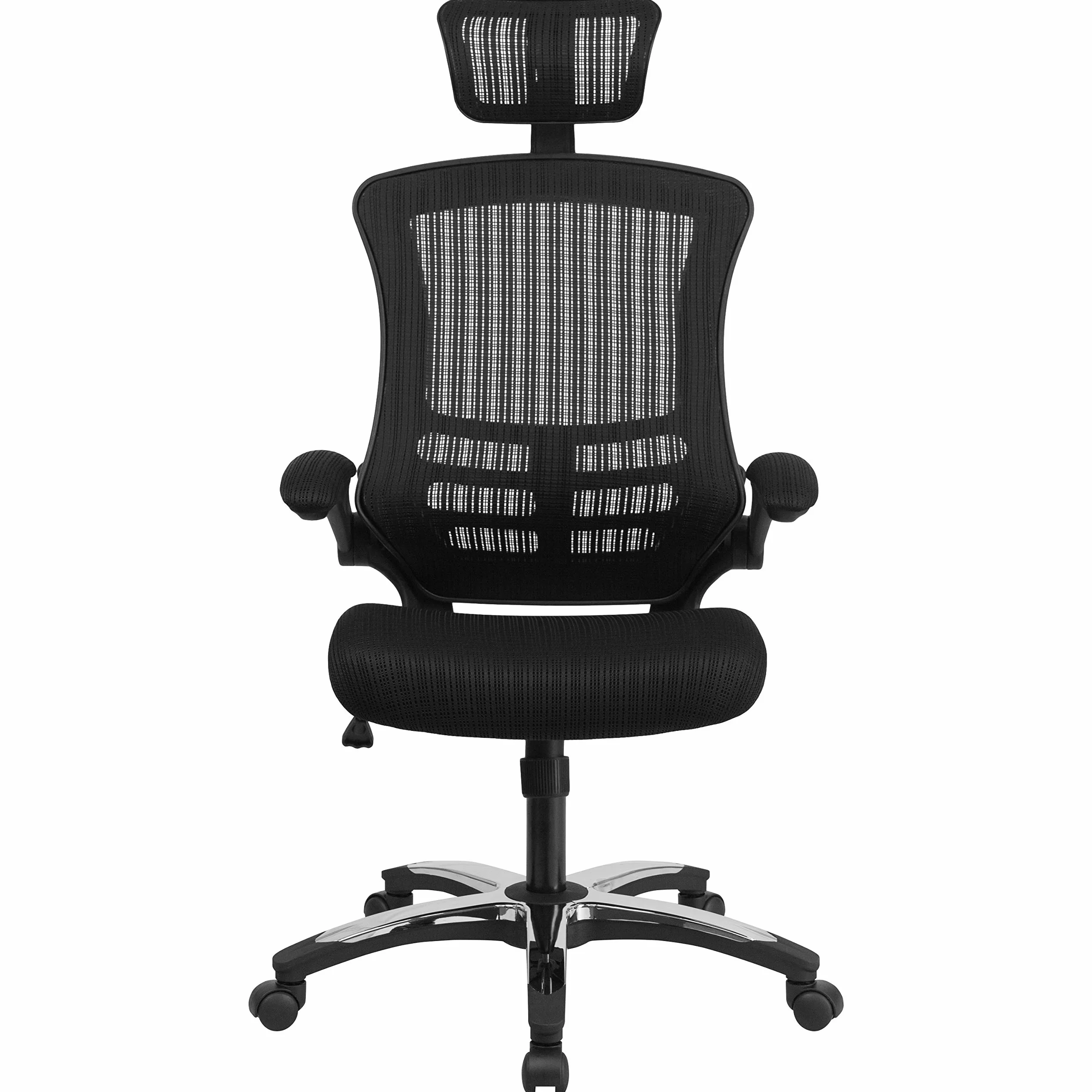 Ergonomiczne, obrotowe krzesło biurowe z wysokim oparciem z siatki, podnoszonymi podłokietnikami i regulowanym zagłówkiem (czarne)