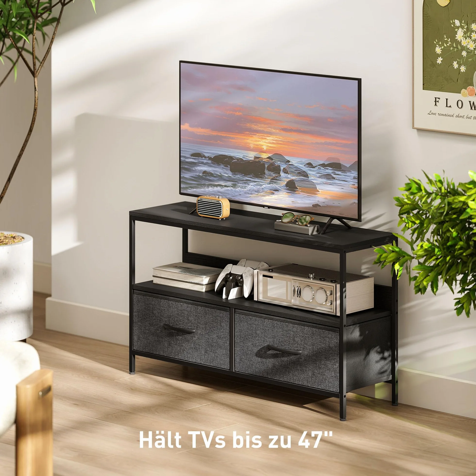 HOMCOM Stolik RTV Lowboard 98 cm z 2 szufladami, otwartą półką, na telewizory do 47 cali, stalowa rama, Czarny+Ciemnoszary