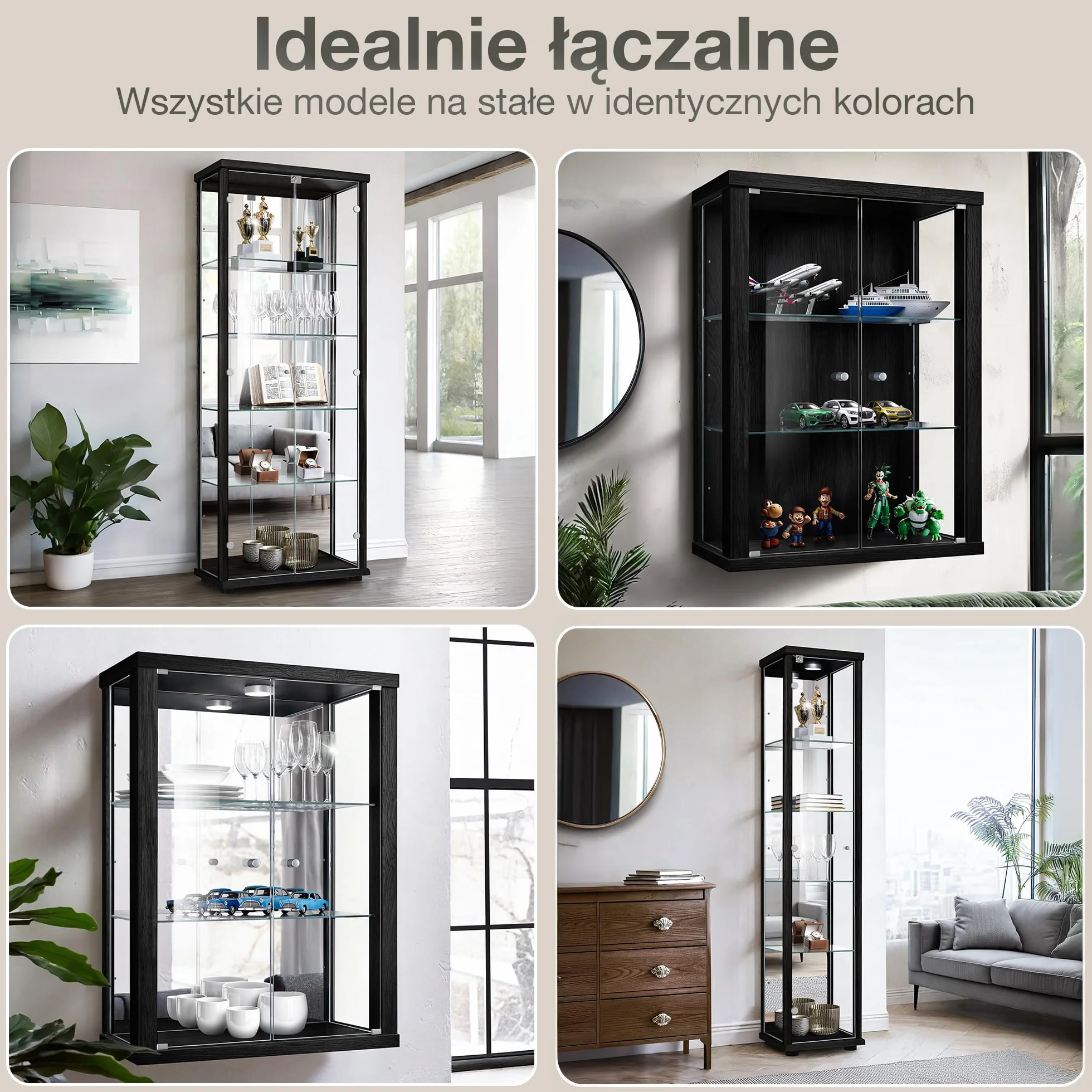 witryna szklana w kolorze czarnym (176x37x33 cm) z 4 regulowanymi półkami szklanymi, LED - gablota na modele samochodów czarna - szafka witryna czarna - gablota kolekcjonerska