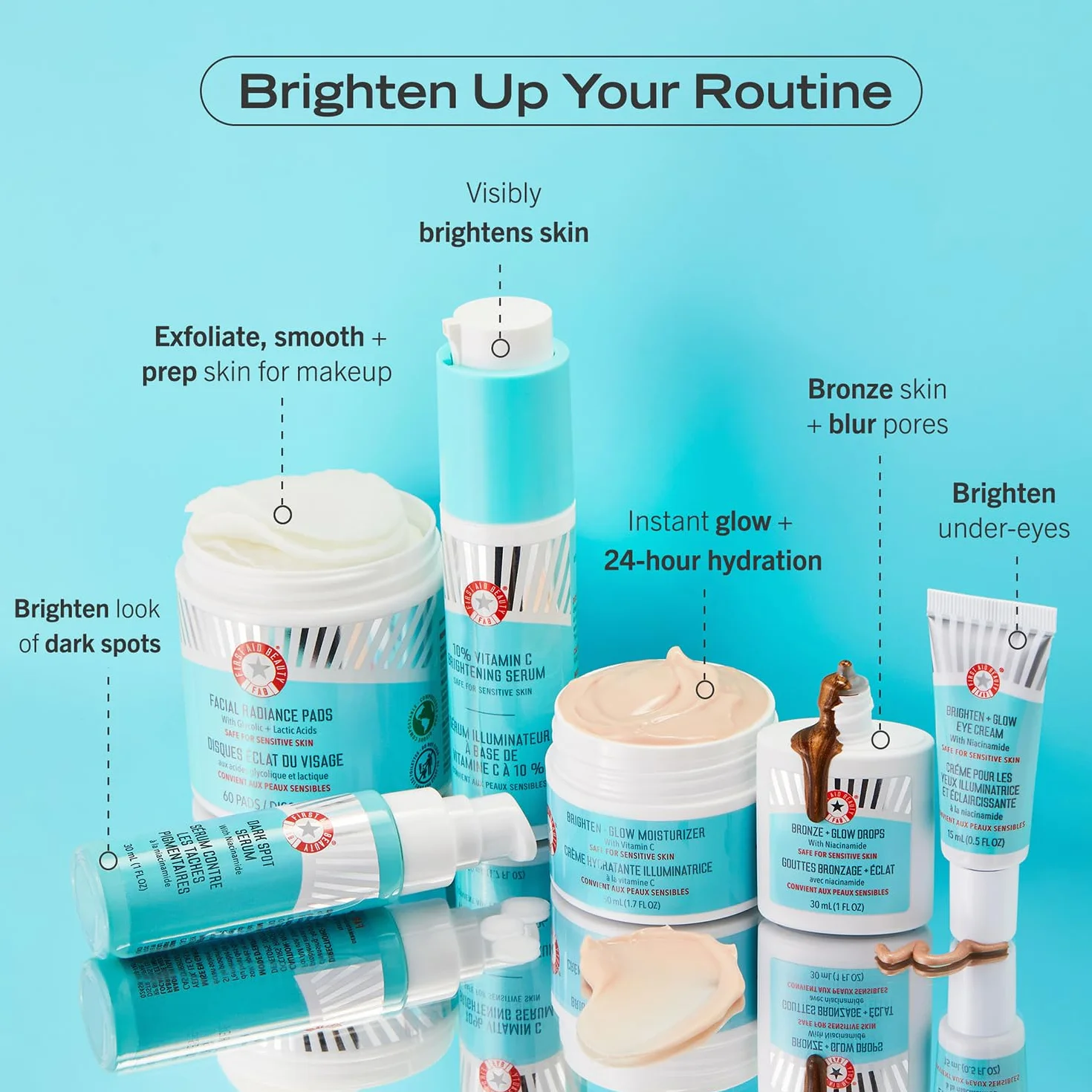 First Aid Beauty – Bronze + Glow Drops z niacynamidem, wyrównują koloryt, wygładzają pory, nawilżają 24h, brązowy efekt, niekomedogenne, dla skóry wrażliwej, 30 ml