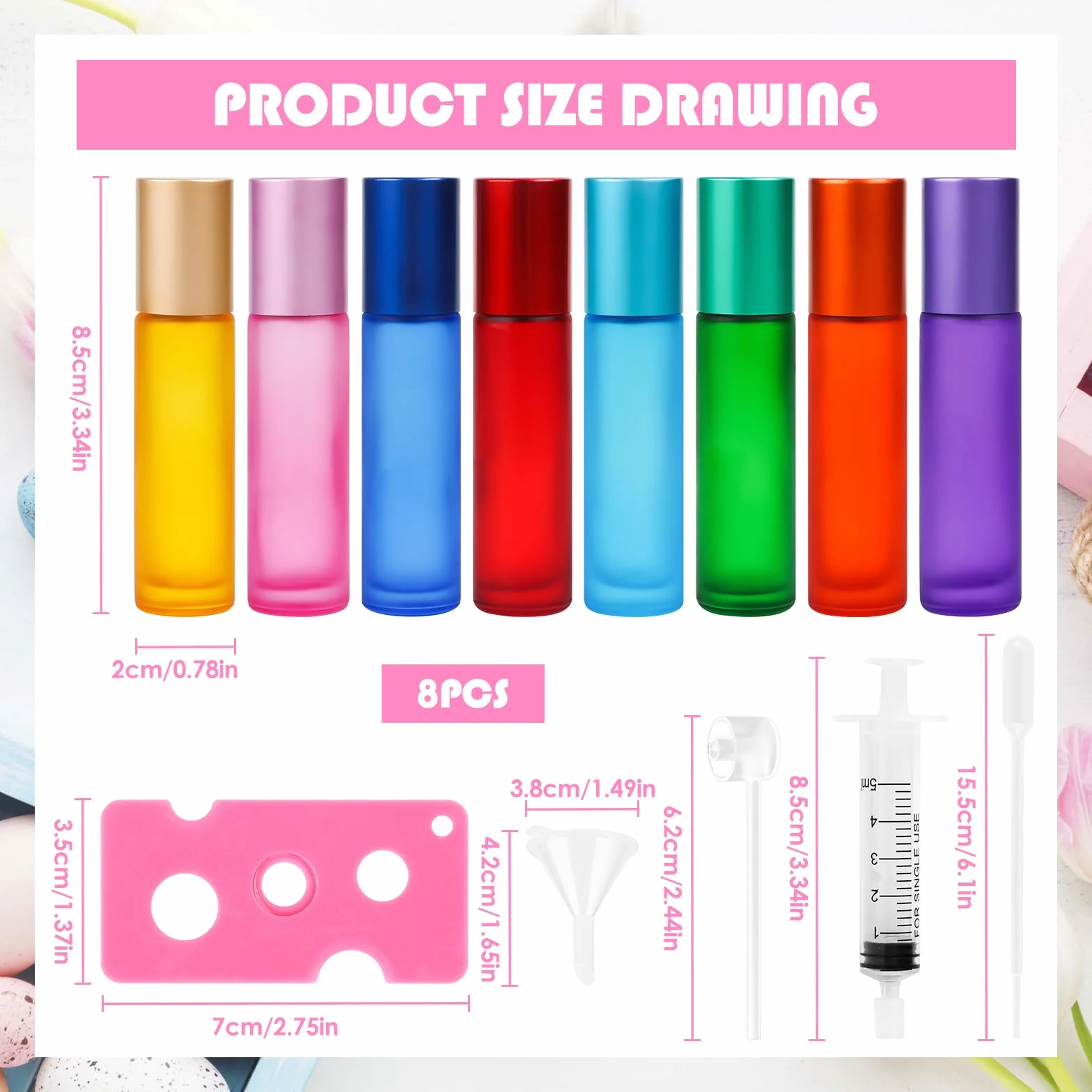 Roll on butelka pusta 10 ml, 8 sztuk szklanych butelek na olejki eteryczne, z lejkiem i kroplomierzem, otwieraczem, do perfum, kosmetyków, aromaterapii