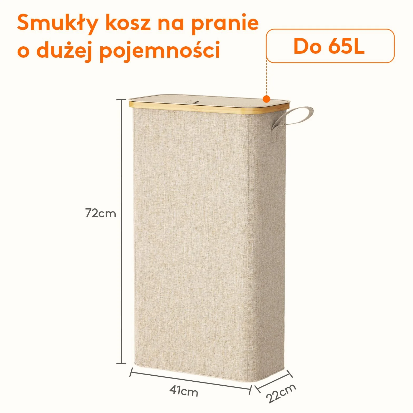 Lifewit Wąski Kosz na Pranie 65L Beżowy z Pokrywą Bambusową Ramą