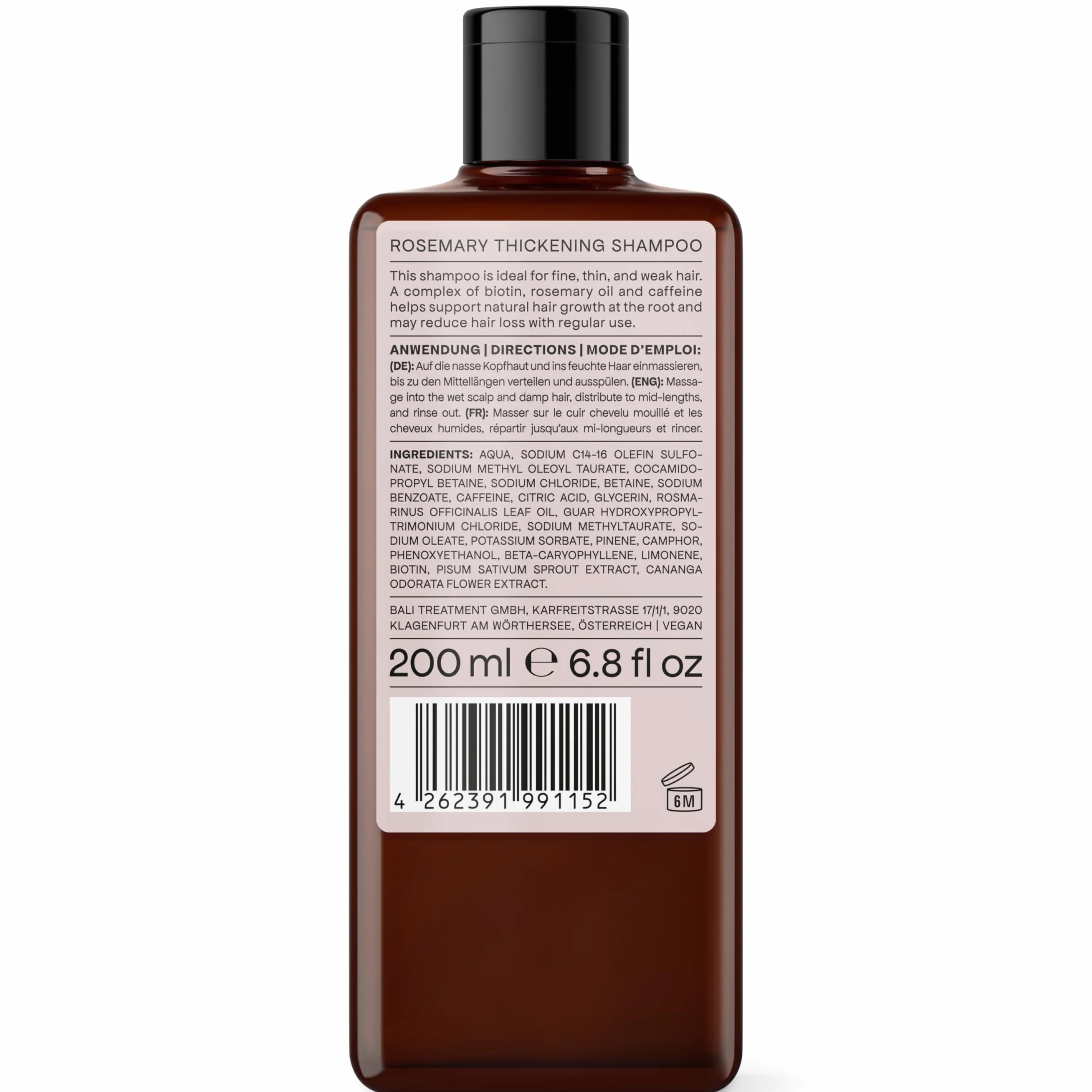 Bali Curls Rosemary Thickening Shampoo – Wzmacniający z olejkiem z rosmarinu, biotyną i kofeiną – Wegańska maska do włosów o objętości dla włosów delikatnych i cienkich – Przyjazny dla loków – 200 ml