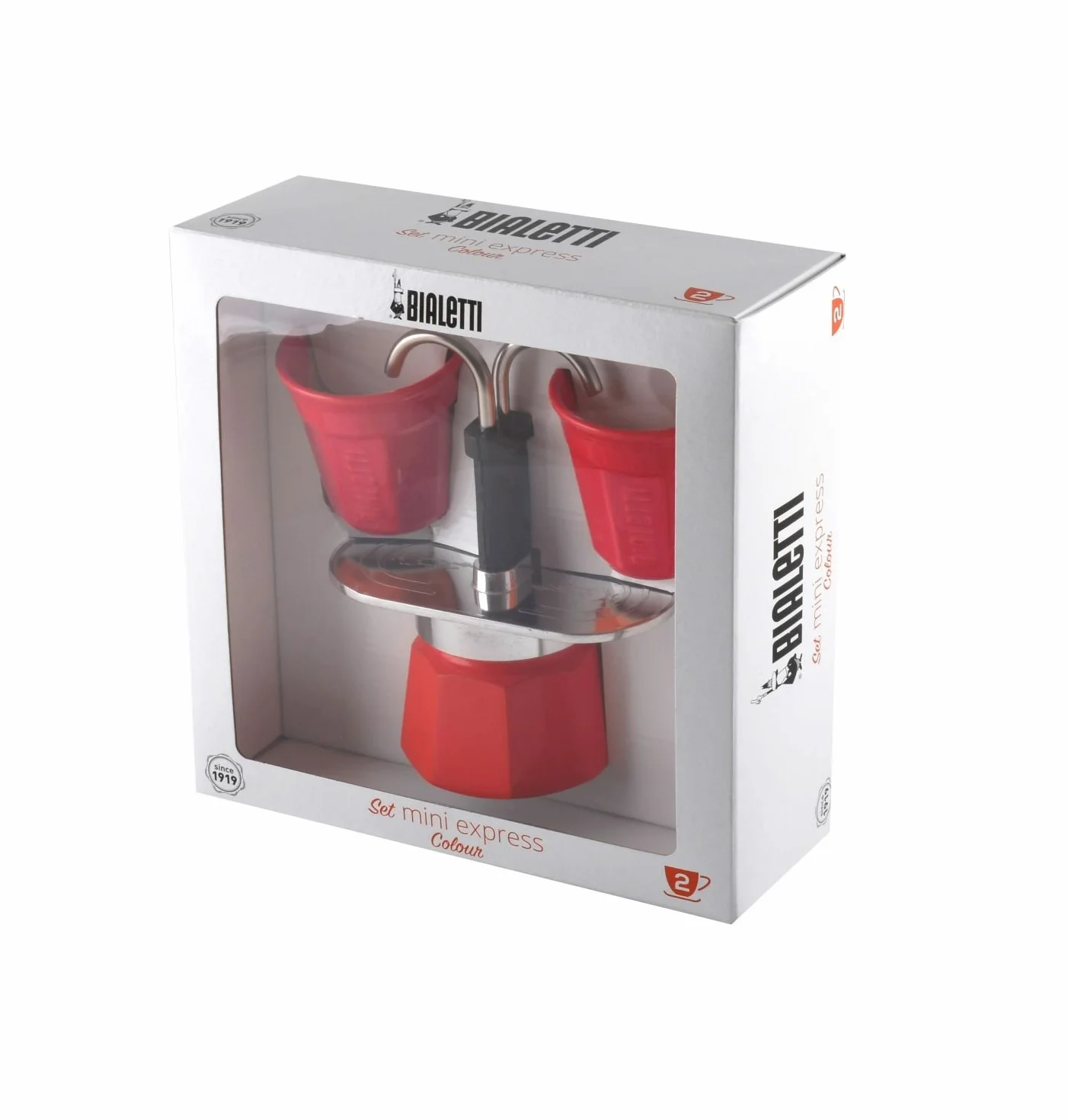 Bialetti Zestaw Mini Express z 2 filiżankami do espresso, aluminium, czerwony, 30 x 20 x 15 cm