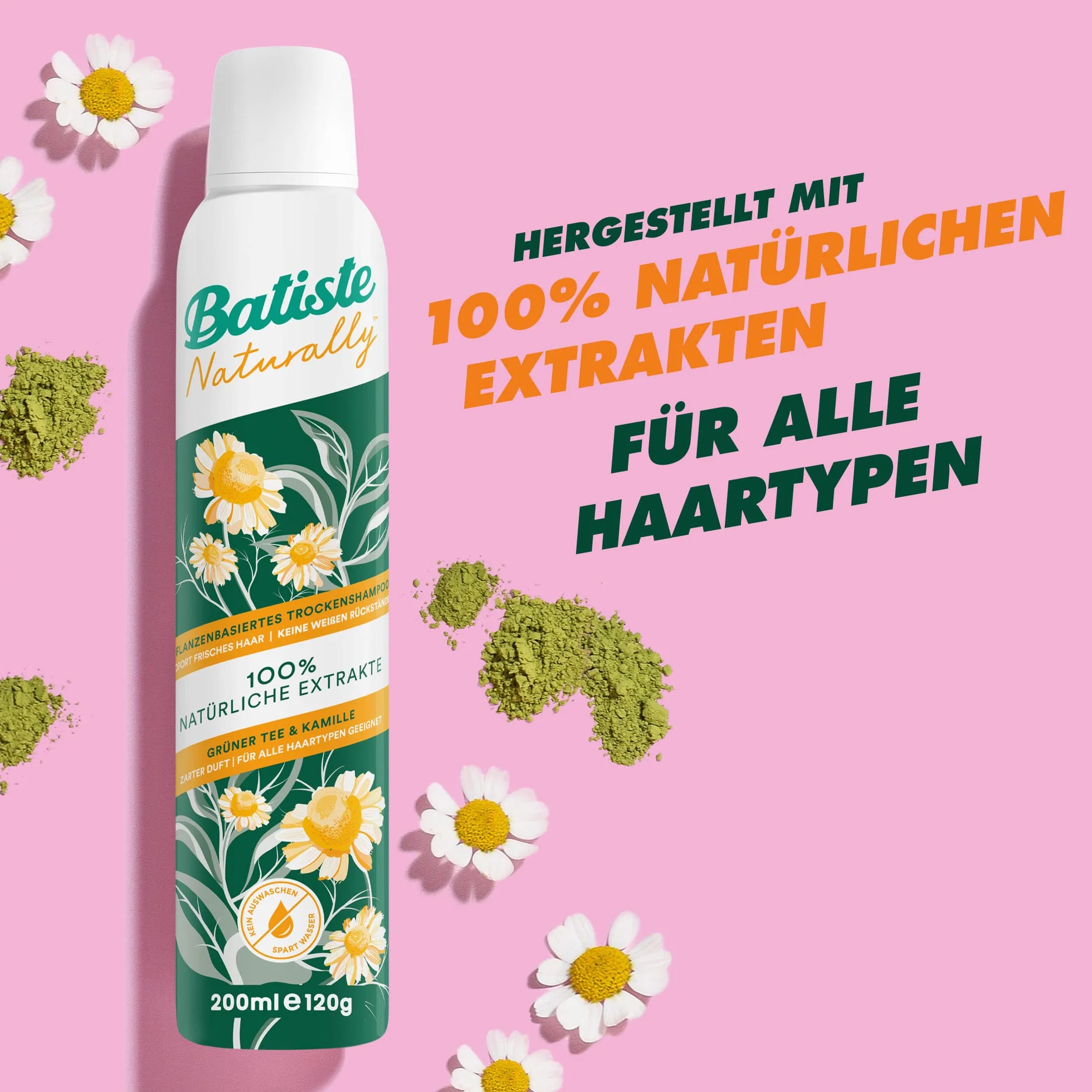 Batiste Suchy szampon Naturally Green Tee & Rumianek 200 ml, suchy szampon do odświeżania i stylizacji włosów, bez spłukiwania, wegańska stylizacja włosów, w 100% z naturalnych ekstraktów