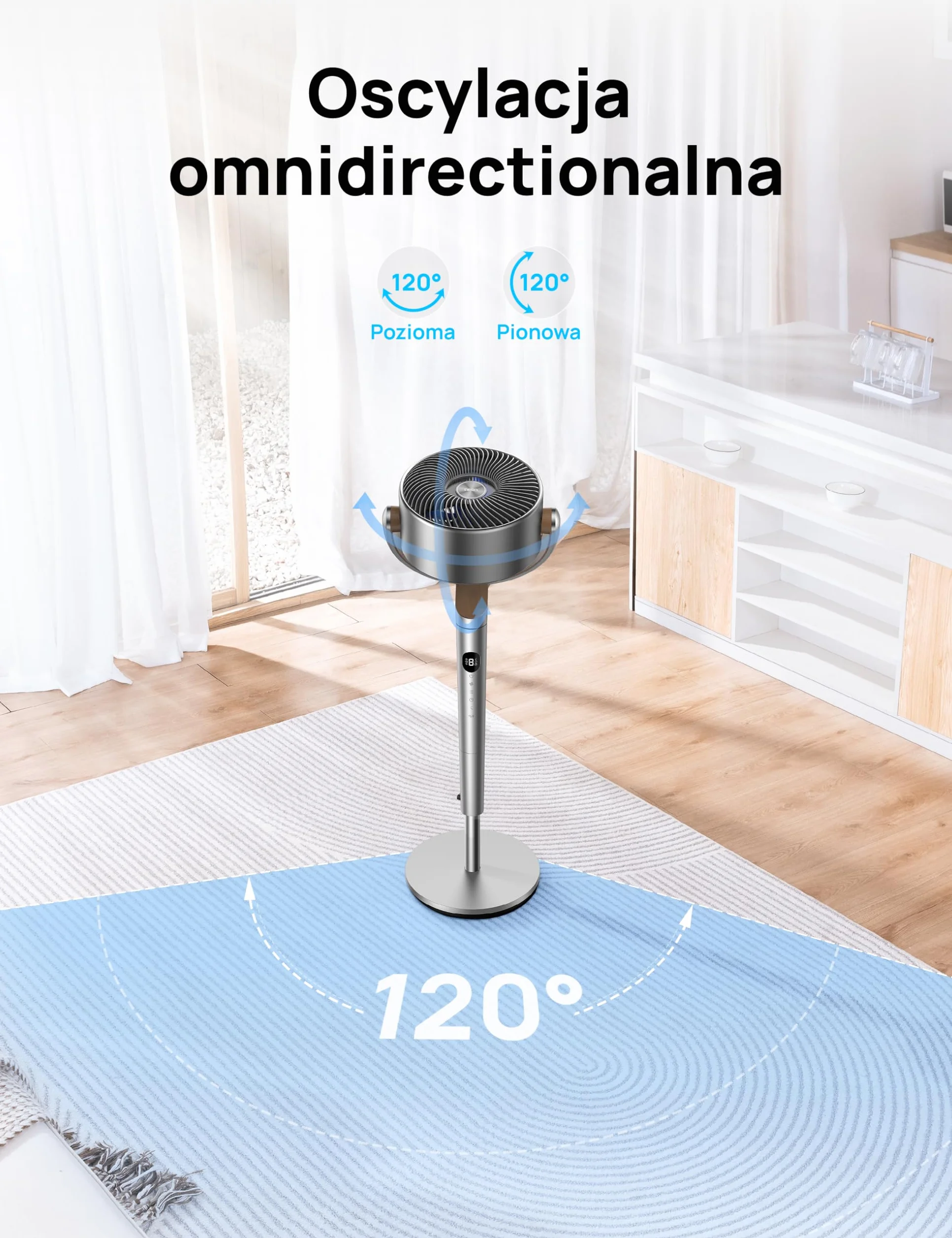 Dreo 23dB inteligentne cichy wentylator stojący, zasięg wiatru 24M, objętość powietrza 1200m³/h, turbo cyrkulator, wysokość 102CM, oscylujący wentylator 120°+120°, 6 trybów, 8 prędkości, PolyFan 502S