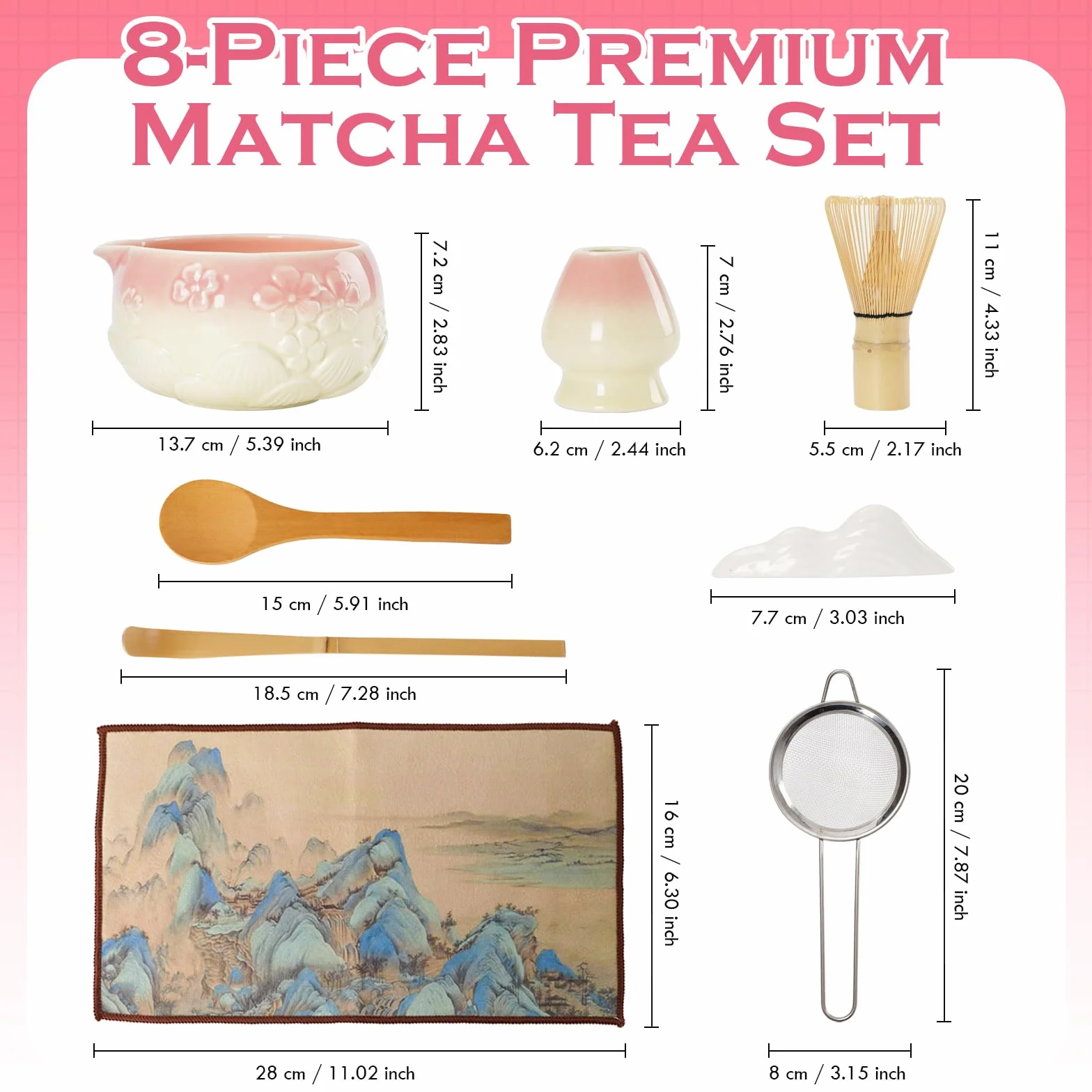 Zestaw 8 mioteł do matchy, miska z wylewką, sitko, łyżka, bawełniana ściereczka do herbaty