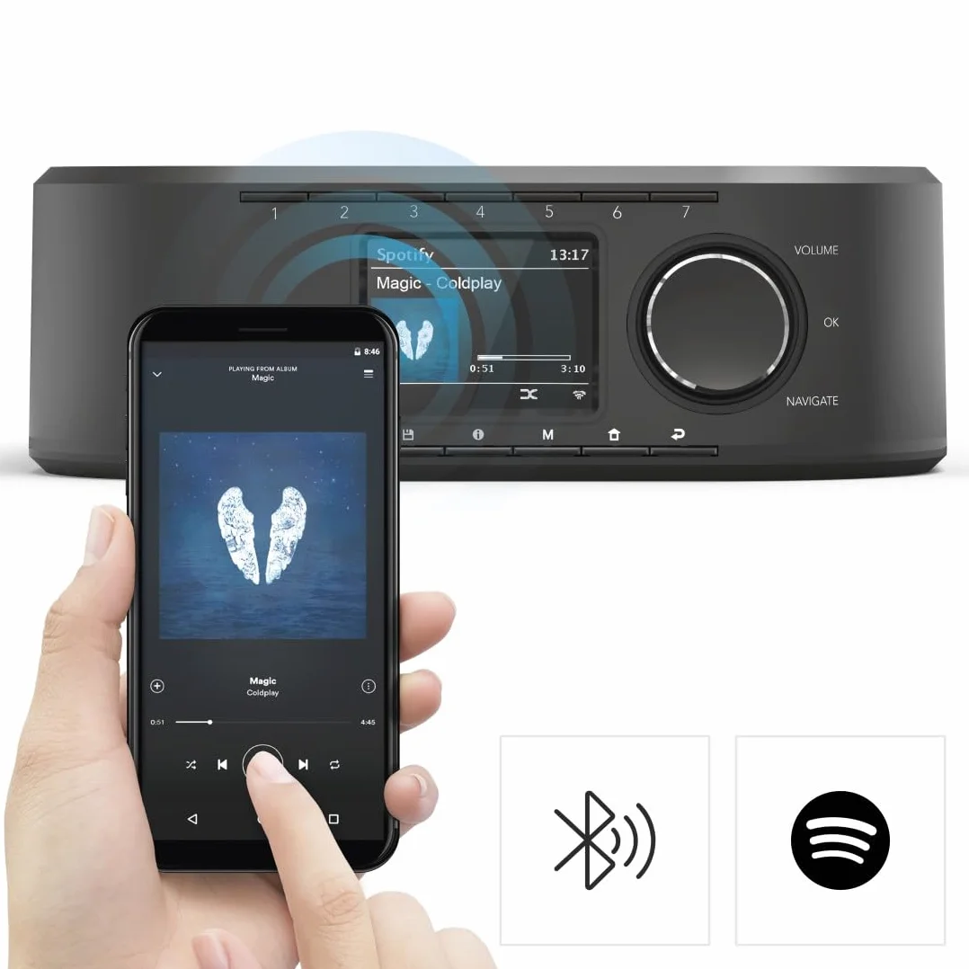 Hama Radio internetowe Hama DIR355BT DAB/DAB+, Bluetooth i Spotify (radio kuchenne FM, z wejściem AUX, z funkcją budzika i wyświetlaczem, radio podszafkowe z płytą montażową bez wiercenia), czarne
