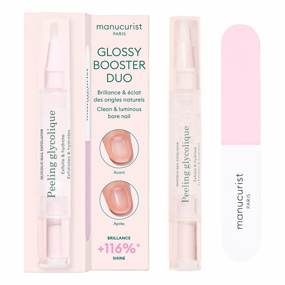 Manucurist Glossy Booster Duo – Pielęgnacja Paznokci Eksfoliująca z Peelingiem Glikolowym & Polerką – Zestaw Manicure dla Naturalnych Paznokci Bez Lakieru – Natychmiastowy Blask – Nail Care