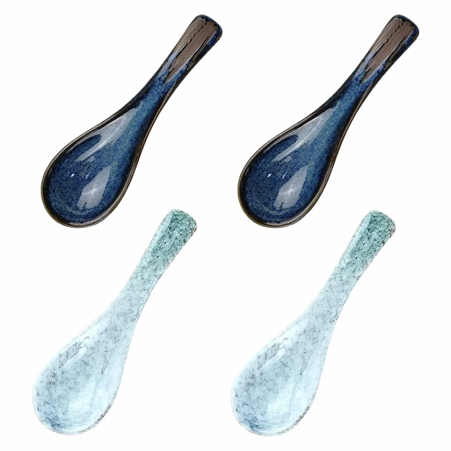 Ceramiczne łyżki do zupy azjatyckie niebieskie retro - zestaw 4 szt. do Ramen, Pho, Wonton