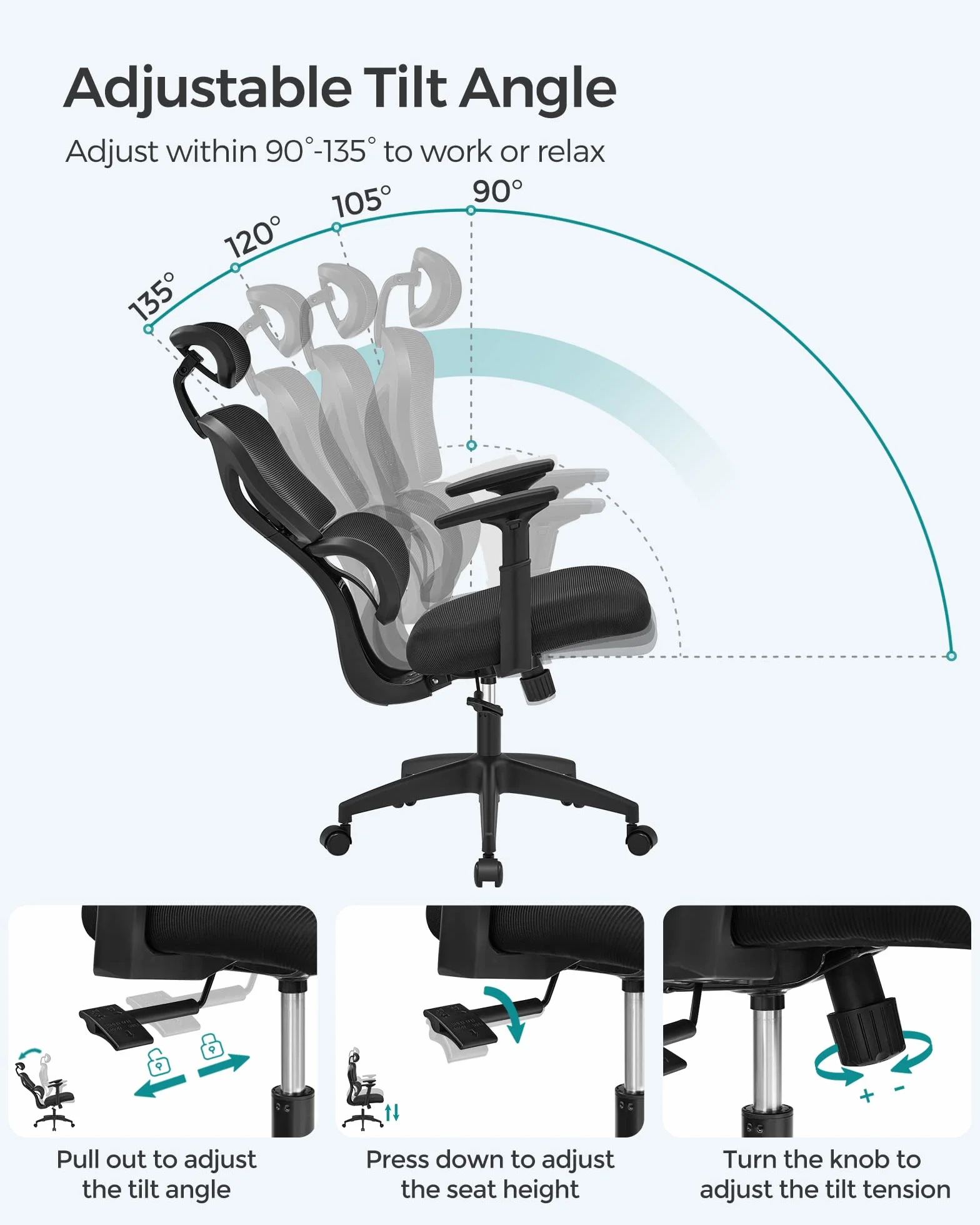 SONGMICS Krzesło biurowe, krzesło biurowe, ergonomiczne krzesło obrotowe, krzesło komputerowe, pokrycie siatkowe, oparcie regulowane w 4 stopniach, nośność do 120 kg, czarny OBN064B01