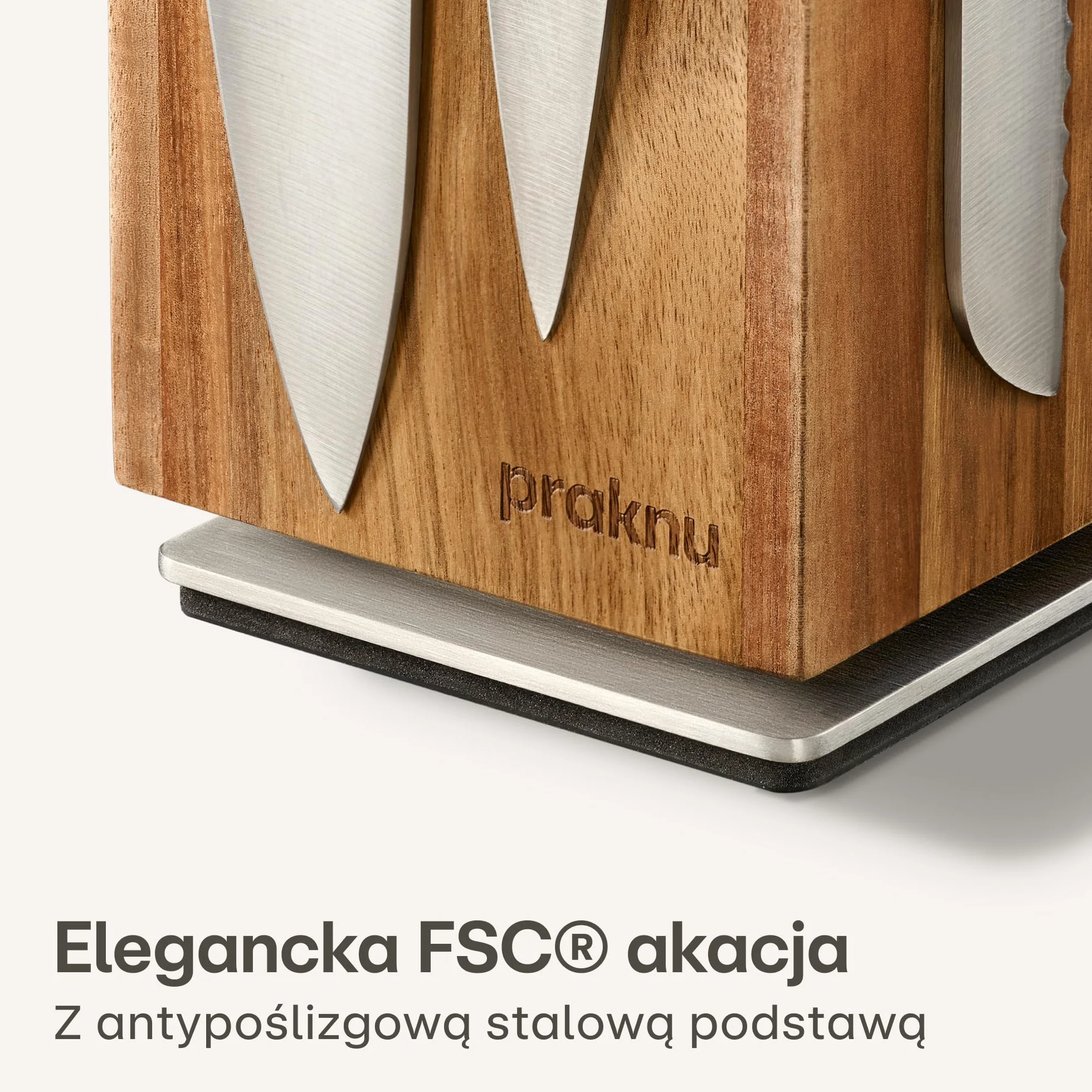 Praknu Magnetyczny Blok na Noże 360° Obrotowy Drewno Akacjowe FSC Silny Magnes Antypoślizgowy