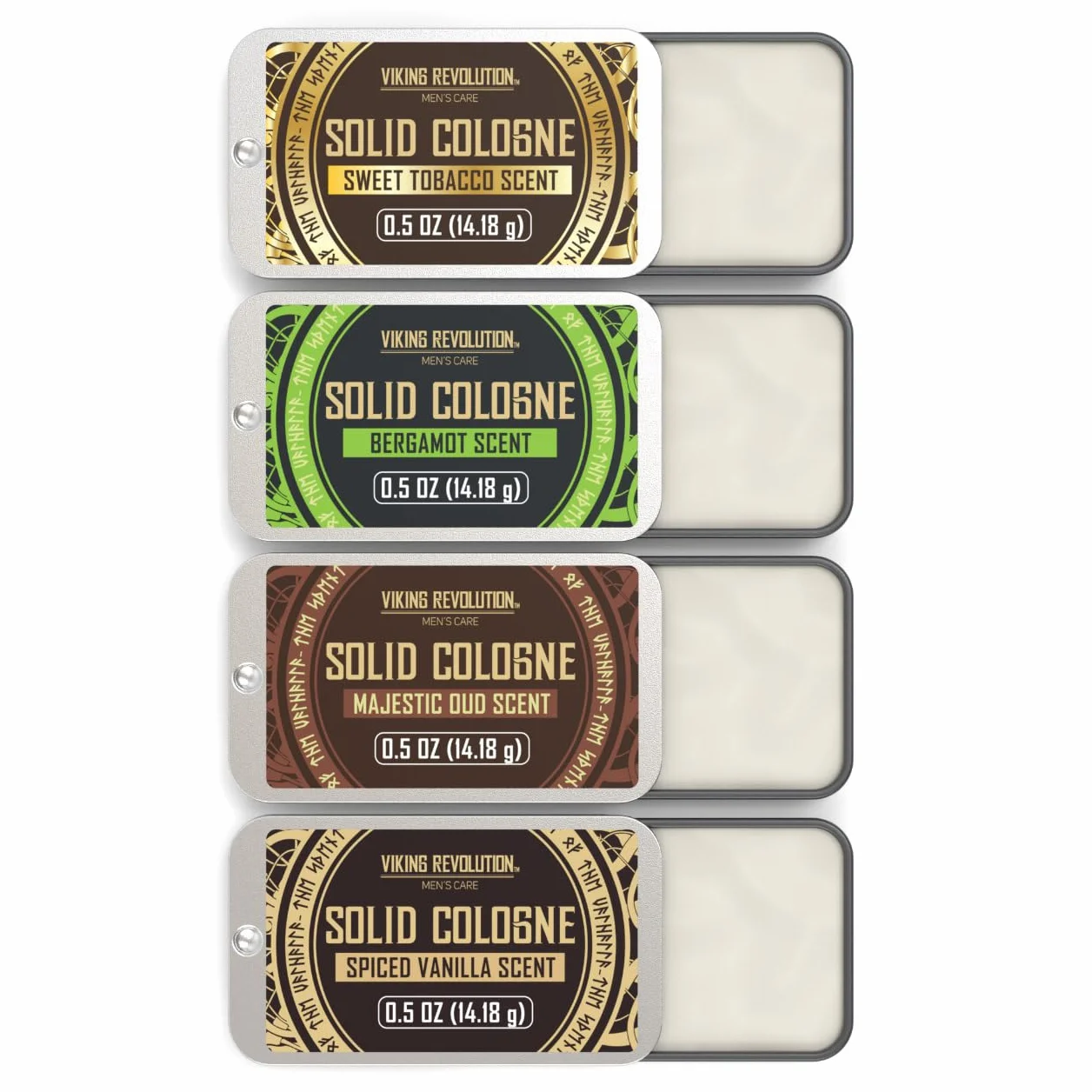 Viking Revolution 4-pak męskie kolońskie - 0,5 uncji solidne perfumy ze Spiced Vanilla, Sweet Tobacco, Majestic Oud, Bergamot, Travel Wax Balm Cologne